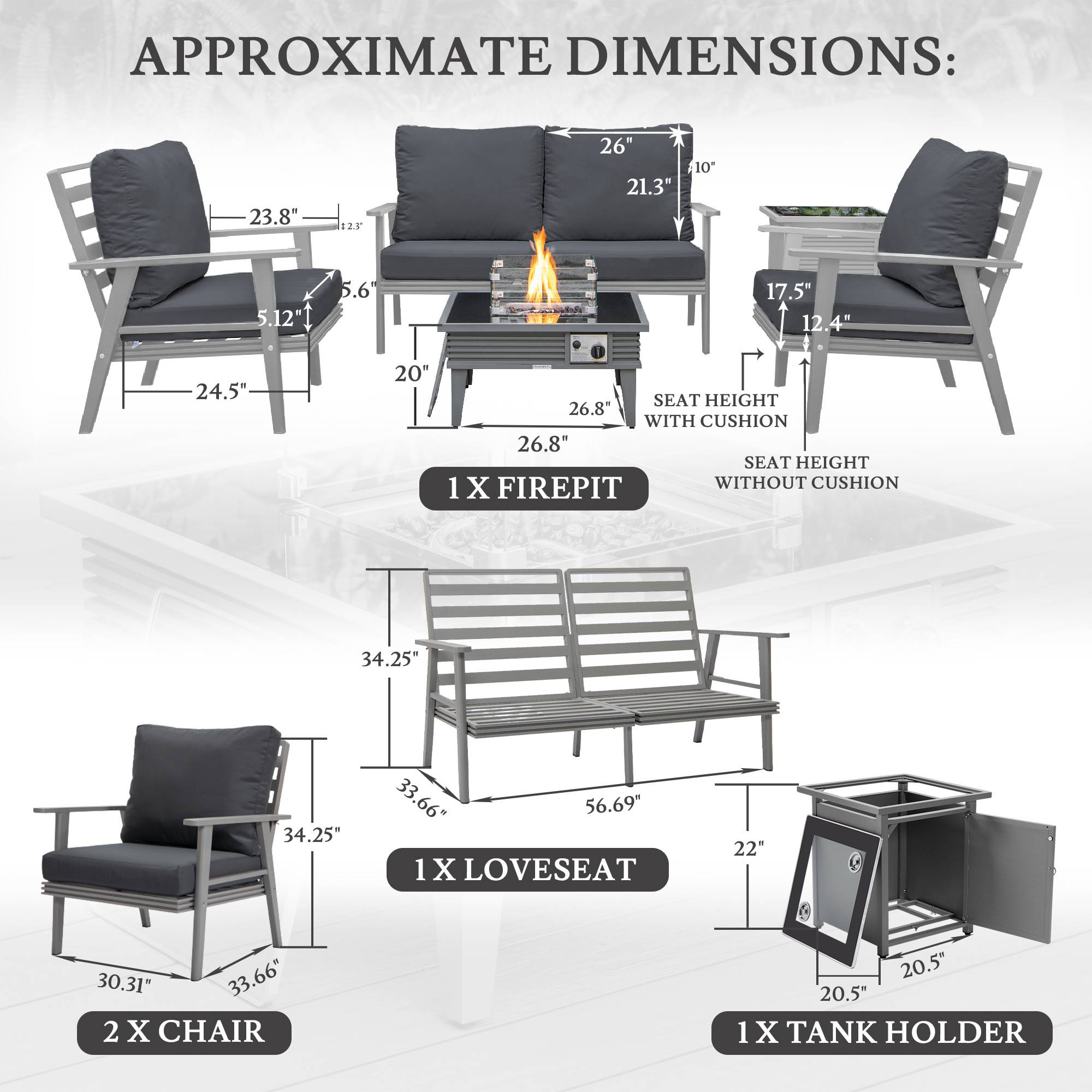 LeisureMod™ Walbrooke Modern Gray Patio Conversation With Square Fire Pit With Slats Design & Tank Holder - Charcoal