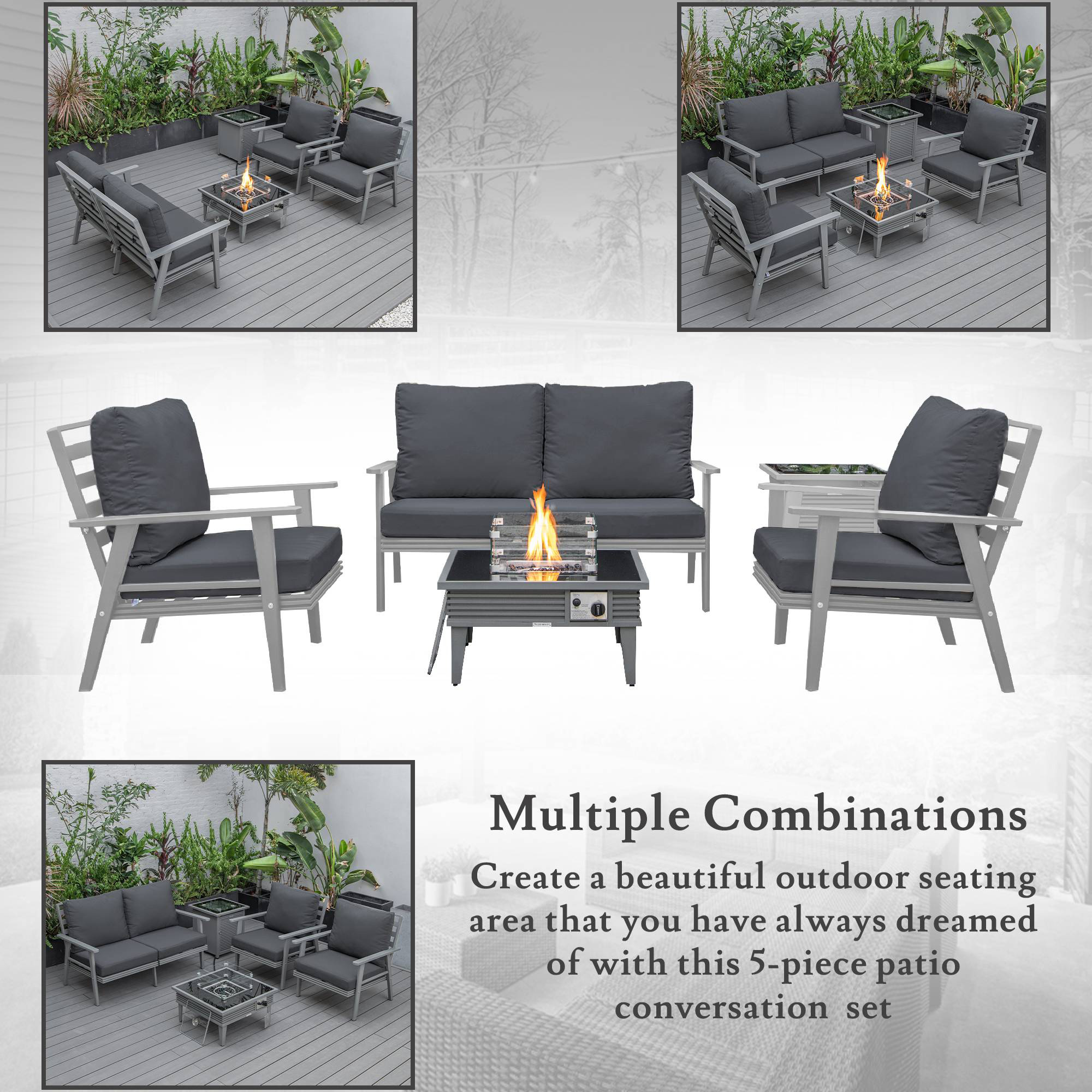 LeisureMod™ Walbrooke Modern Gray Patio Conversation With Square Fire Pit With Slats Design & Tank Holder - Charcoal