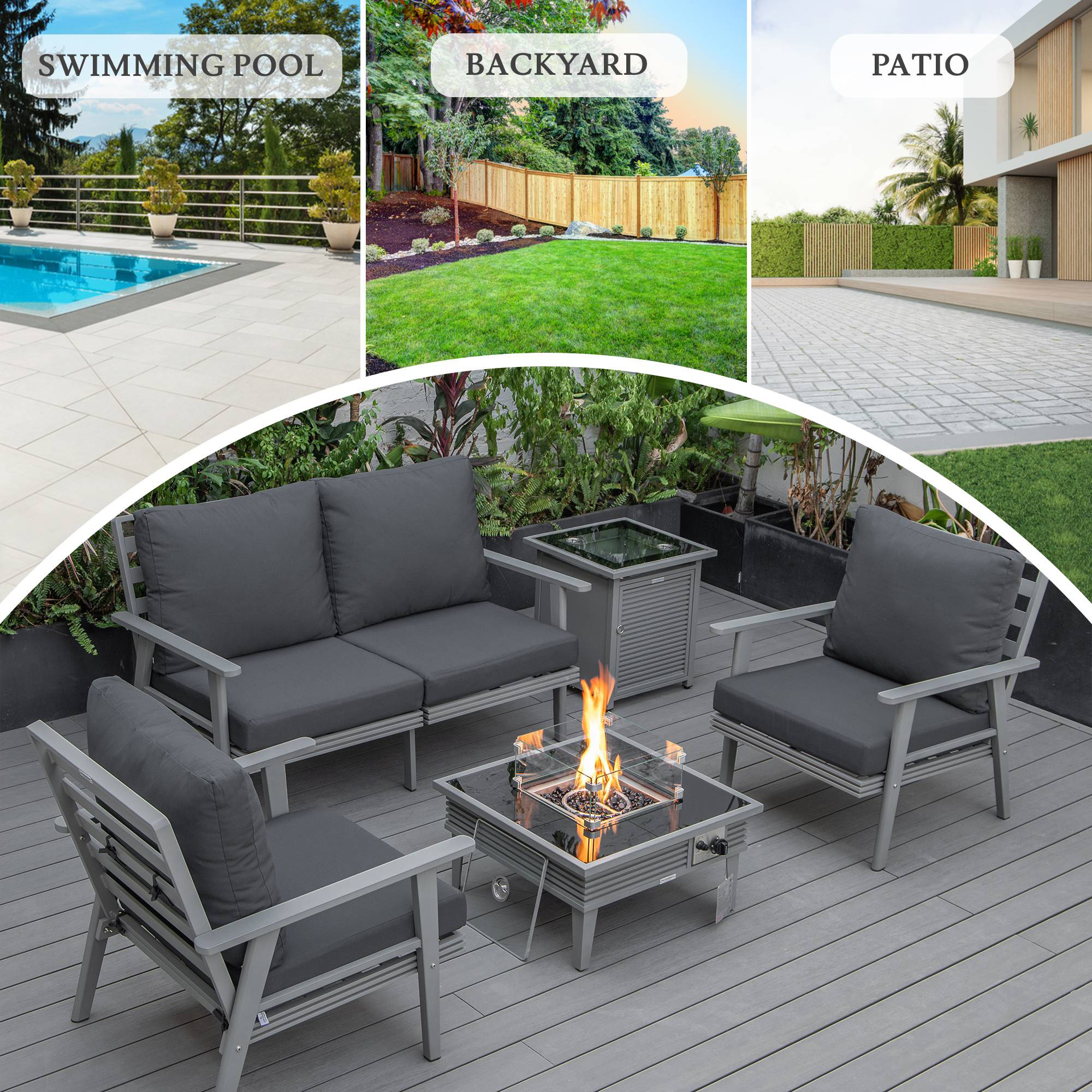 LeisureMod™ Walbrooke Modern Gray Patio Conversation With Square Fire Pit With Slats Design & Tank Holder - Charcoal