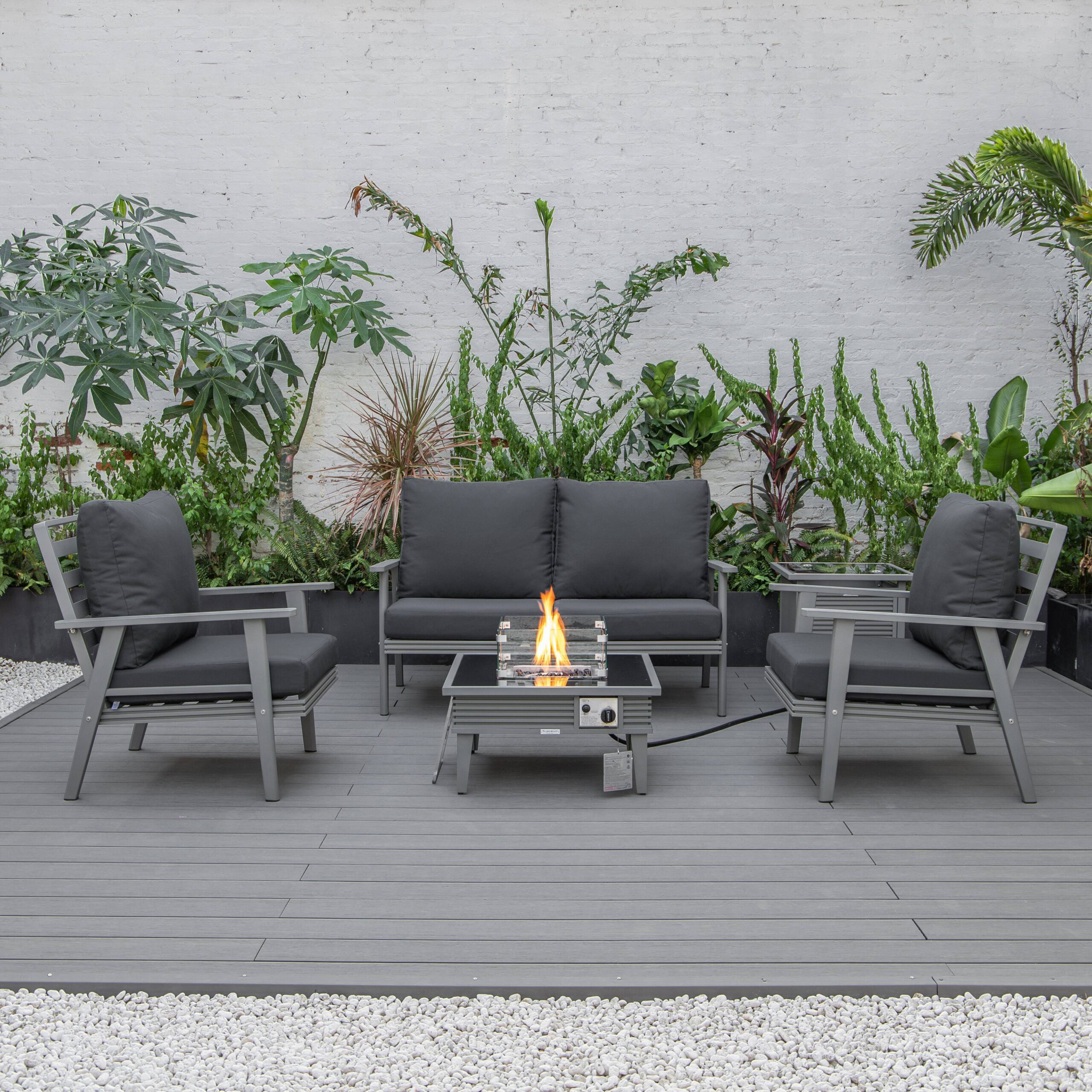 LeisureMod™ Walbrooke Modern Gray Patio Conversation With Square Fire Pit With Slats Design & Tank Holder - Charcoal