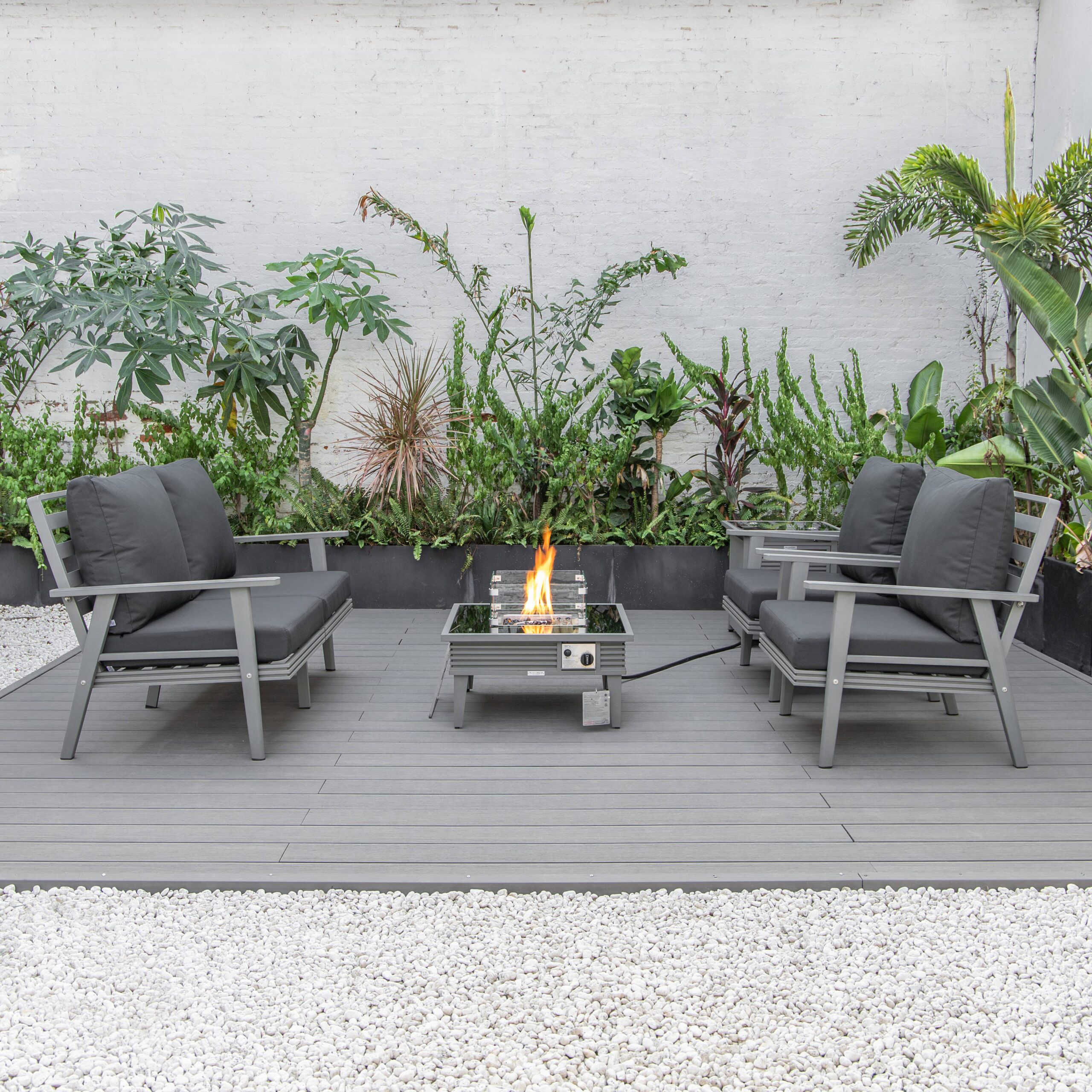 LeisureMod™ Walbrooke Modern Gray Patio Conversation With Square Fire Pit With Slats Design & Tank Holder - Charcoal