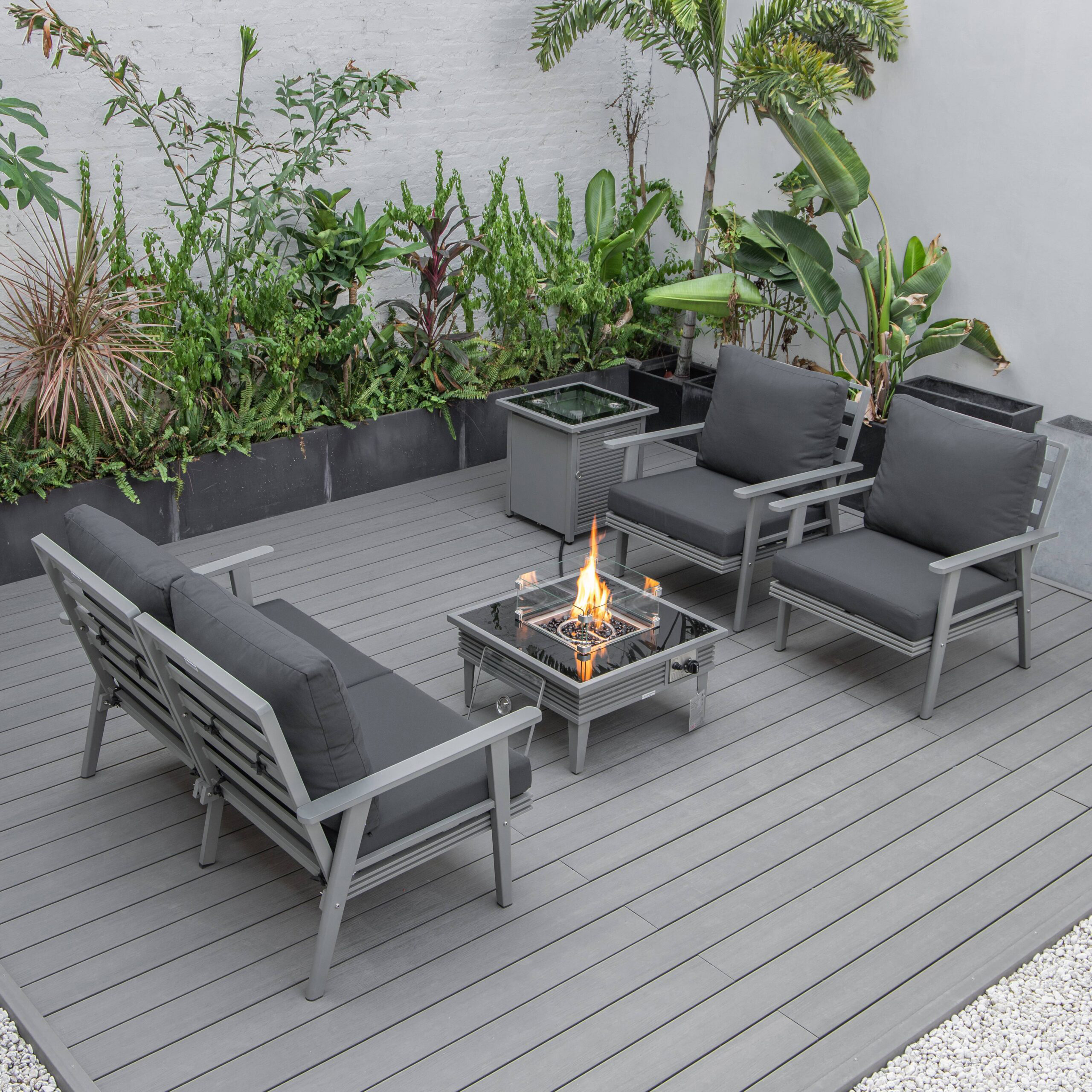 LeisureMod™ Walbrooke Modern Gray Patio Conversation With Square Fire Pit With Slats Design & Tank Holder - Charcoal