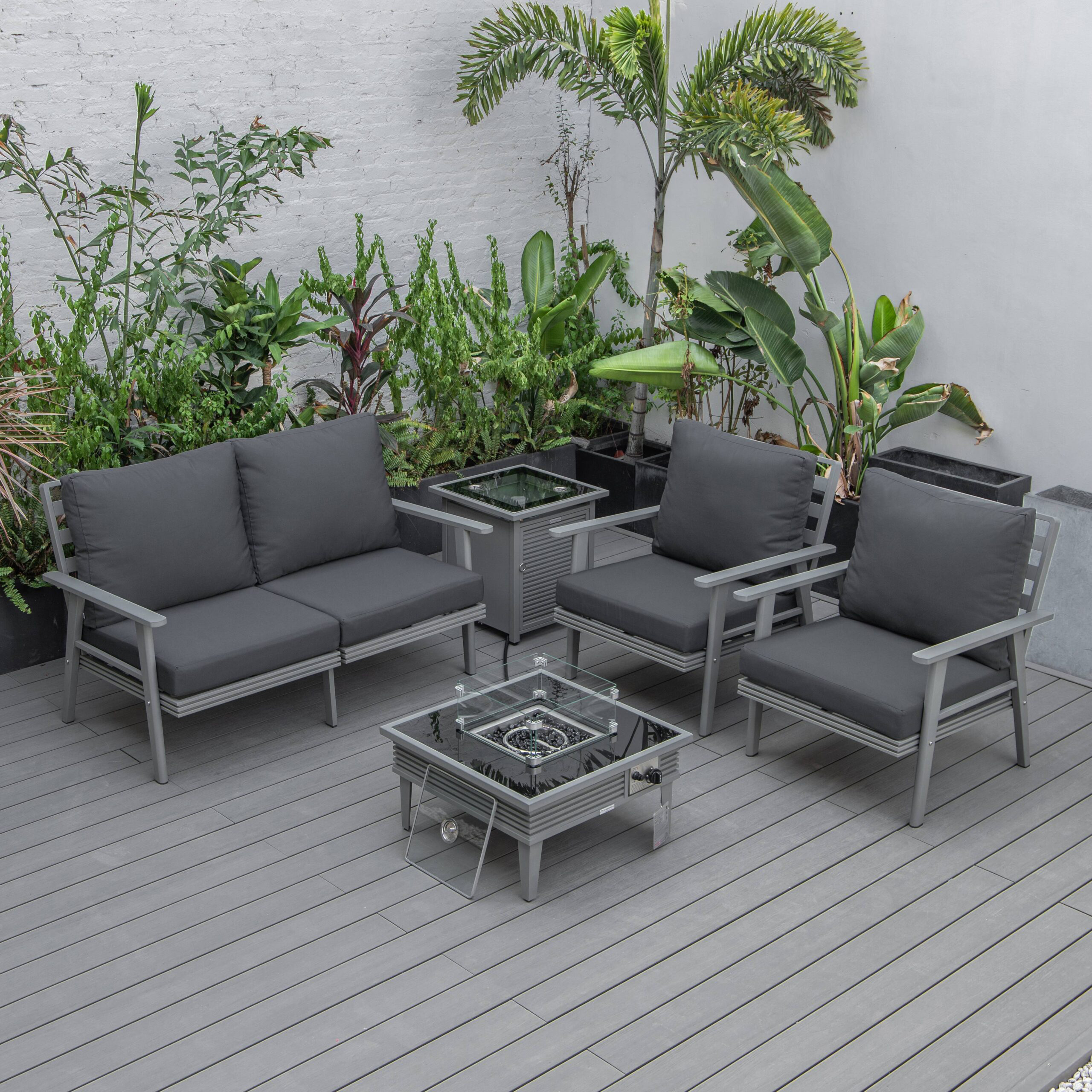 LeisureMod™ Walbrooke Modern Gray Patio Conversation With Square Fire Pit With Slats Design & Tank Holder - Charcoal