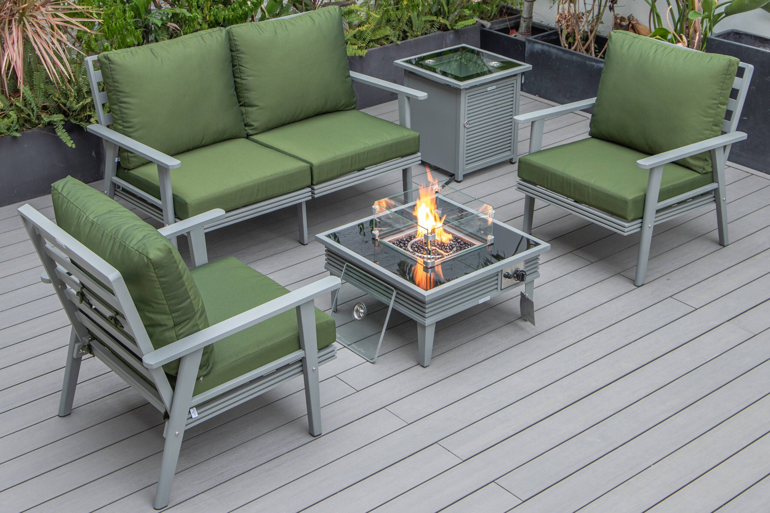 LeisureMod Walbrooke Modern Black Patio Conversation With Square Fire Pit With Slats Design & Tank Holder