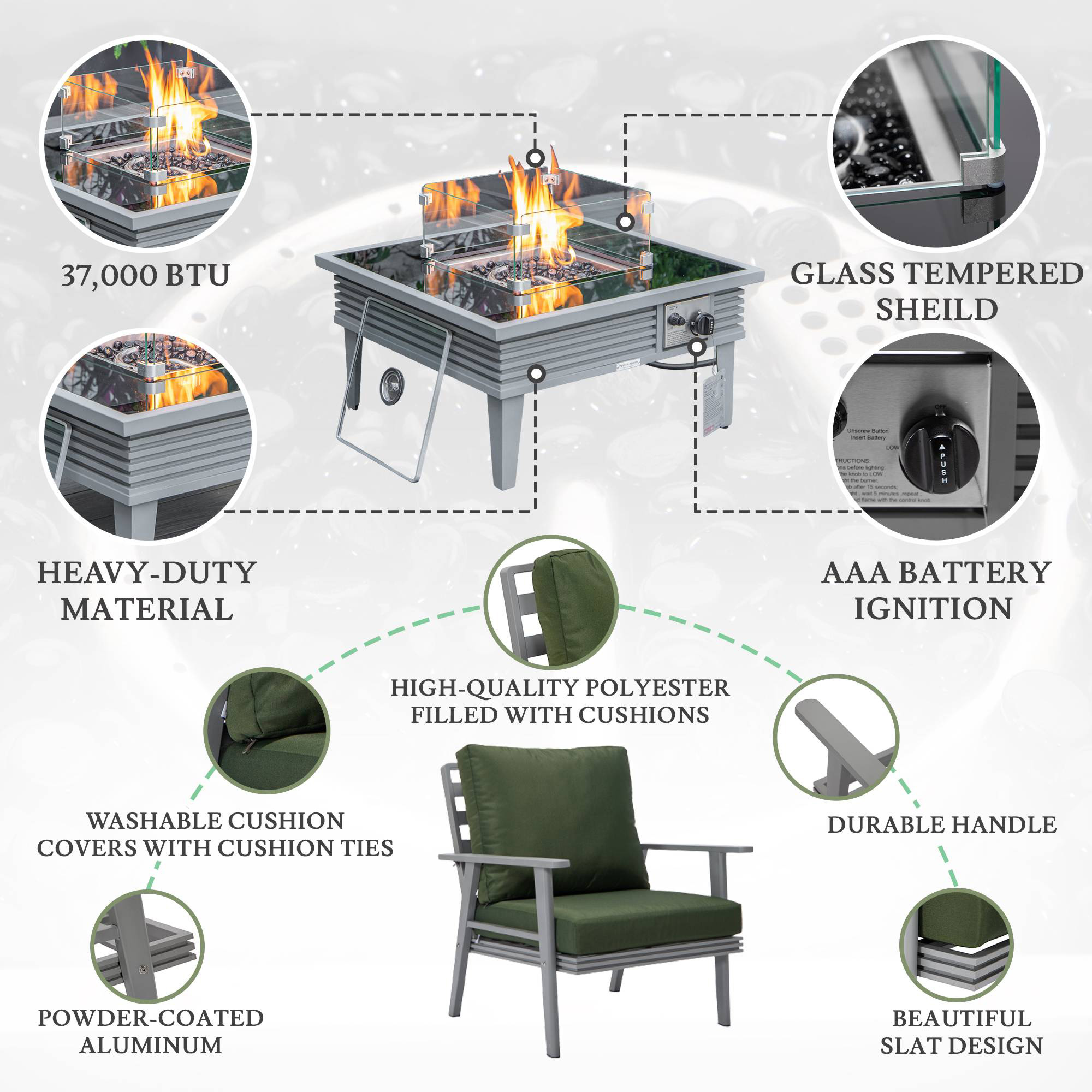 LeisureMod Walbrooke Modern Gray Patio Conversation With Square Fire Pit With Slats Design & Tank Holder - Green