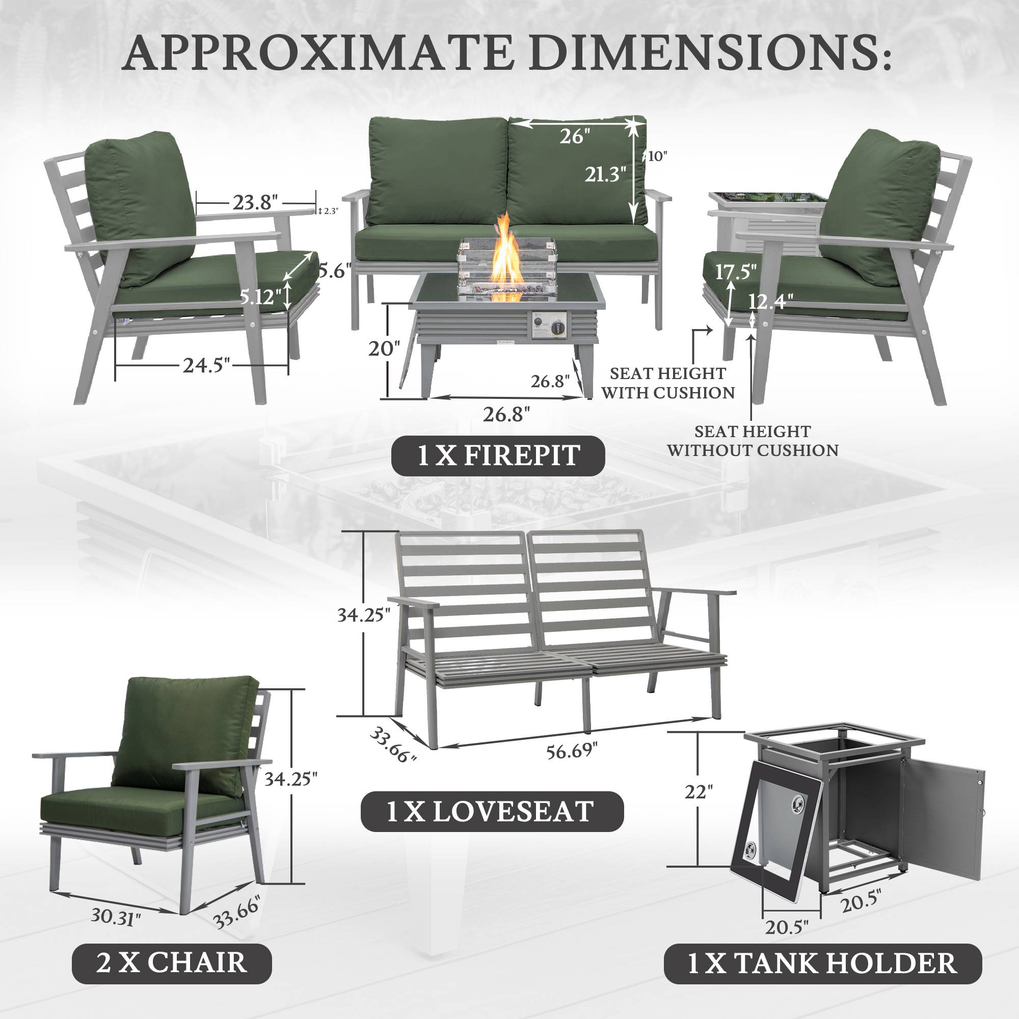 LeisureMod Walbrooke Modern Gray Patio Conversation With Square Fire Pit With Slats Design & Tank Holder - Green