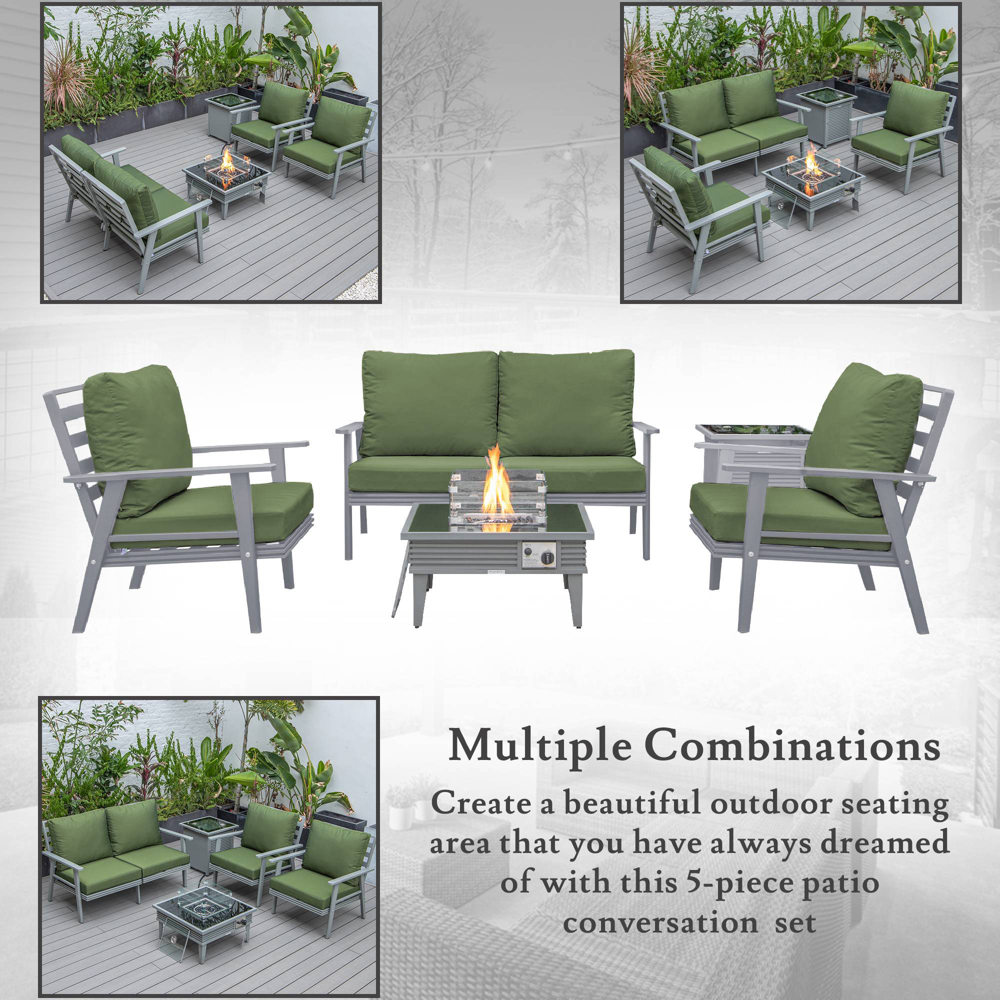 LeisureMod Walbrooke Modern Gray Patio Conversation With Square Fire Pit With Slats Design & Tank Holder - Green