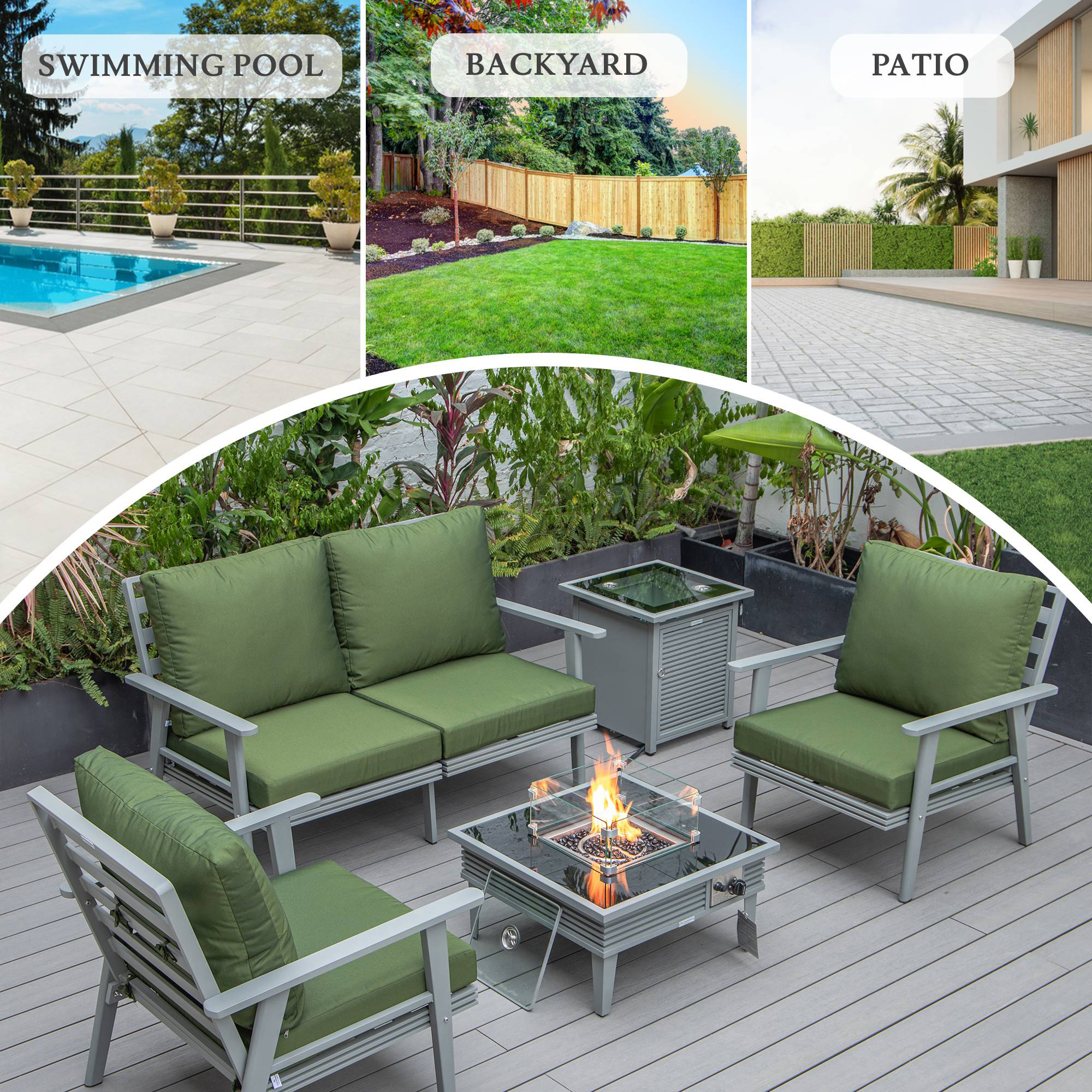 LeisureMod Walbrooke Modern Gray Patio Conversation With Square Fire Pit With Slats Design & Tank Holder - Green