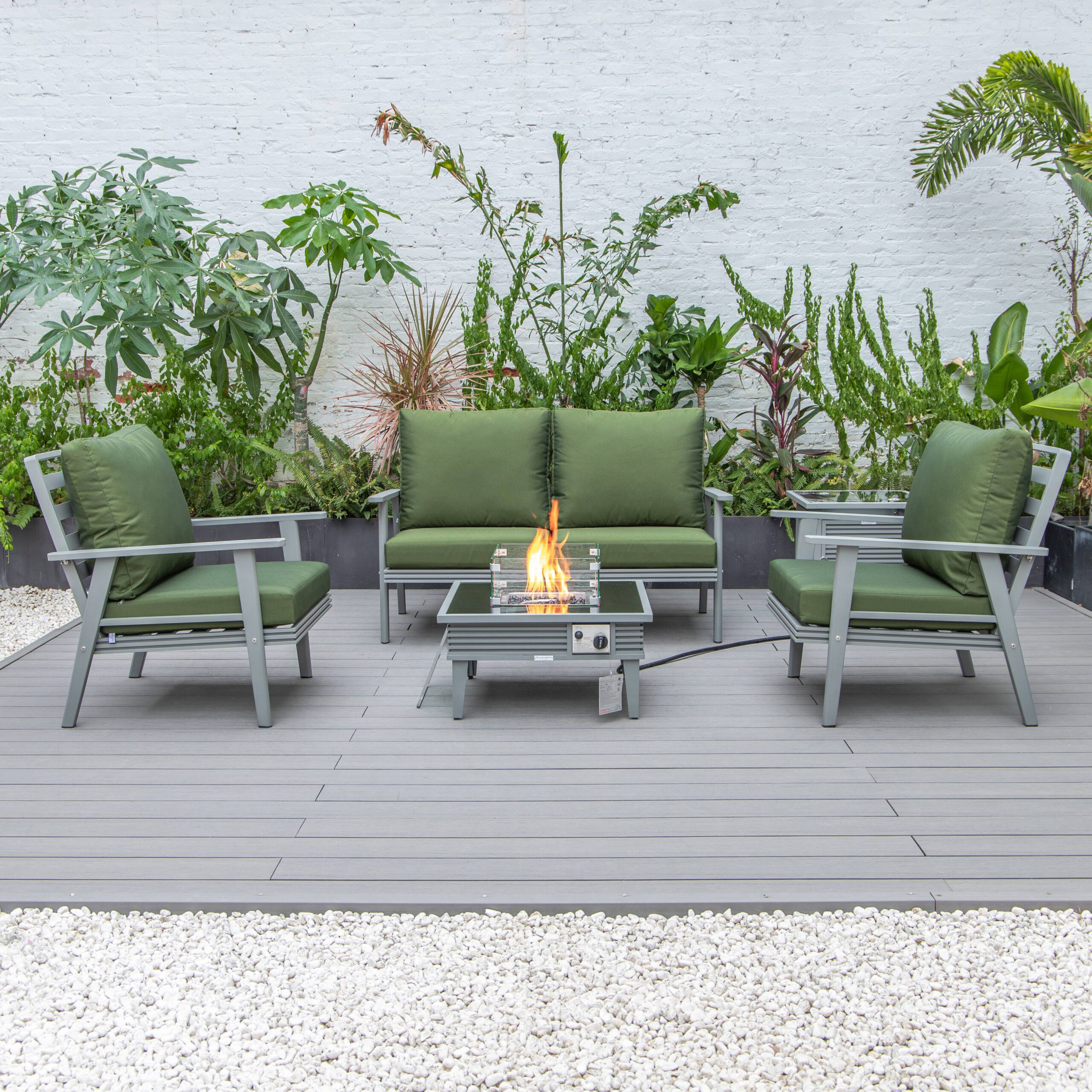 LeisureMod Walbrooke Modern Gray Patio Conversation With Square Fire Pit With Slats Design & Tank Holder - Green