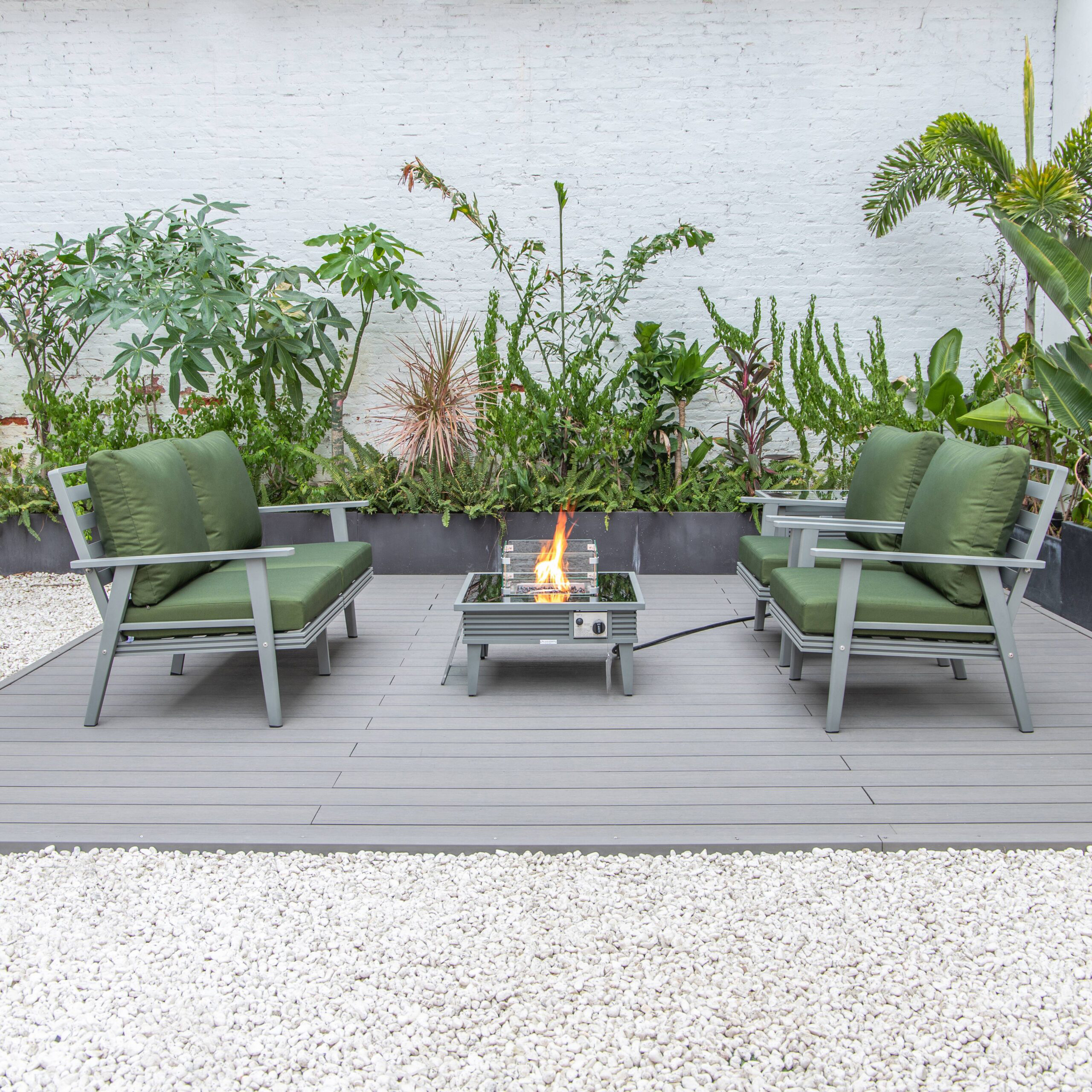 LeisureMod Walbrooke Modern Gray Patio Conversation With Square Fire Pit With Slats Design & Tank Holder - Green