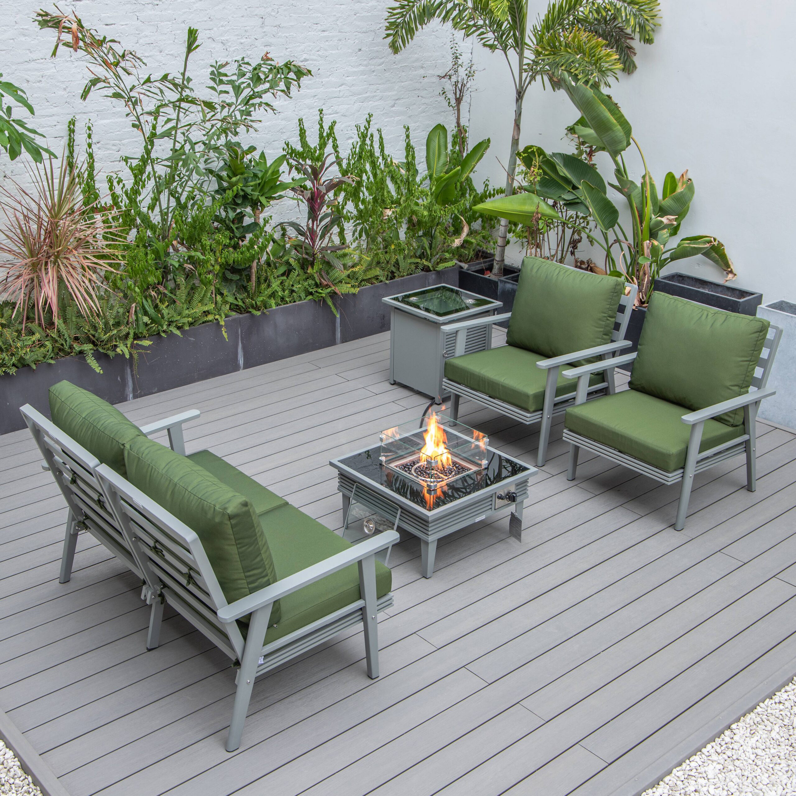 LeisureMod Walbrooke Modern Gray Patio Conversation With Square Fire Pit With Slats Design & Tank Holder - Green