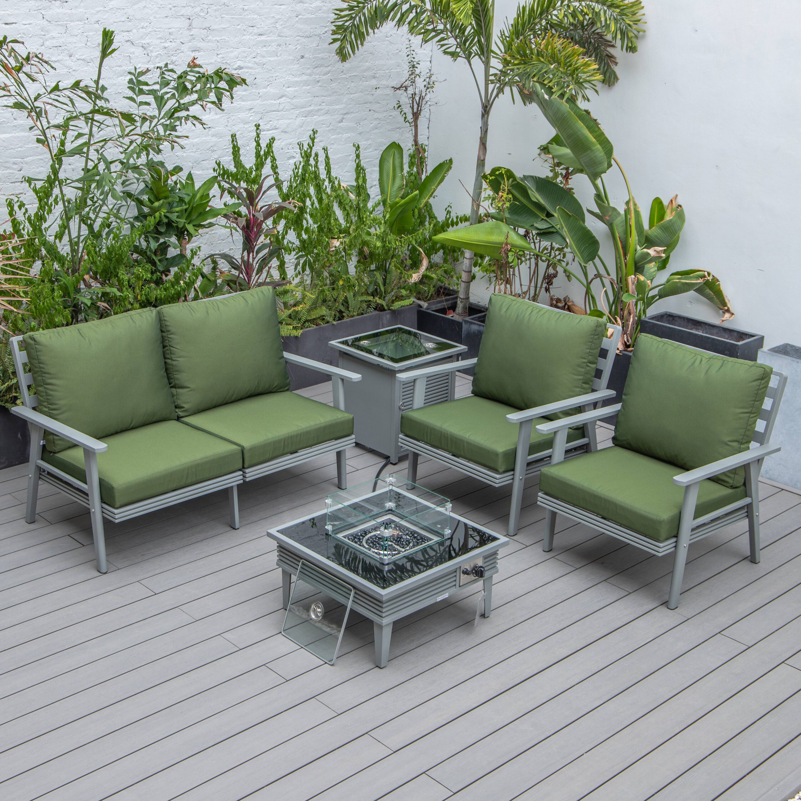 LeisureMod Walbrooke Modern Gray Patio Conversation With Square Fire Pit With Slats Design & Tank Holder - Green