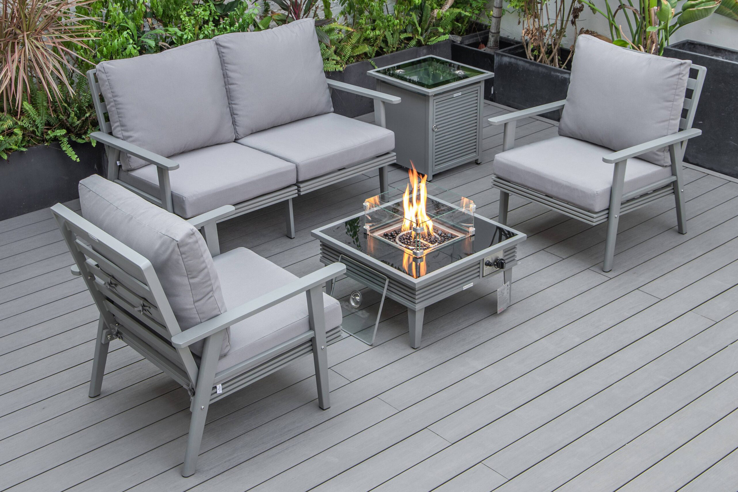 LeisureMod Walbrooke Modern Black Patio Conversation With Square Fire Pit With Slats Design & Tank Holder