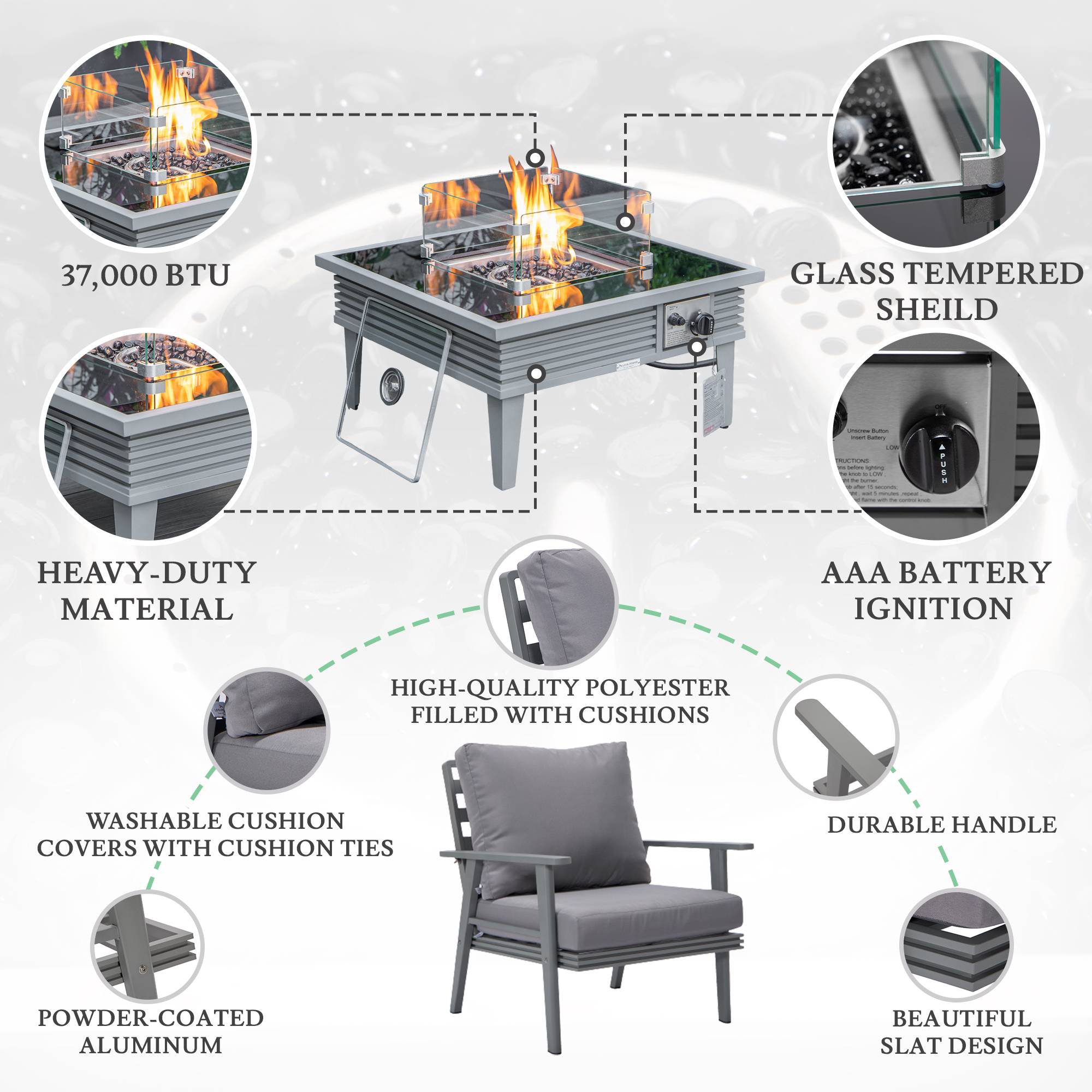 LeisureMod™ Walbrooke Modern Gray Patio Conversation With Square Fire Pit With Slats Design & Tank Holder - Gray