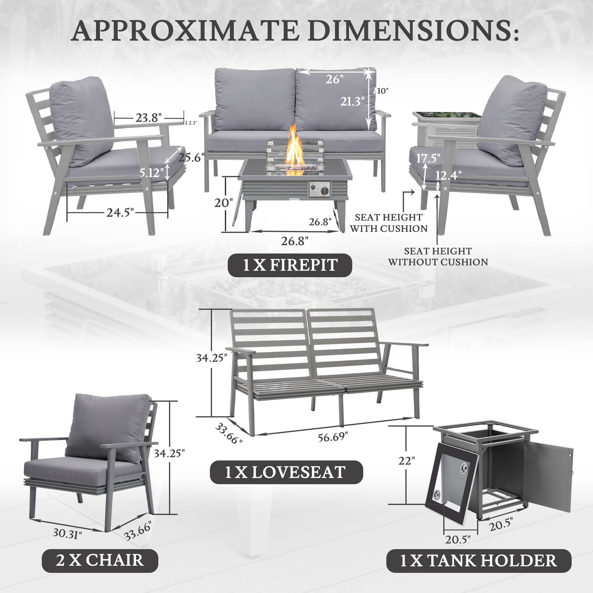 LeisureMod™ Walbrooke Modern Gray Patio Conversation With Square Fire Pit With Slats Design & Tank Holder - Gray