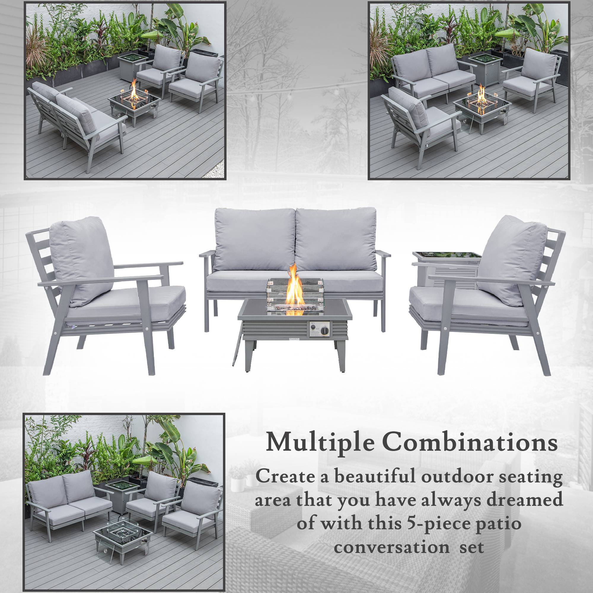 LeisureMod™ Walbrooke Modern Gray Patio Conversation With Square Fire Pit With Slats Design & Tank Holder - Gray