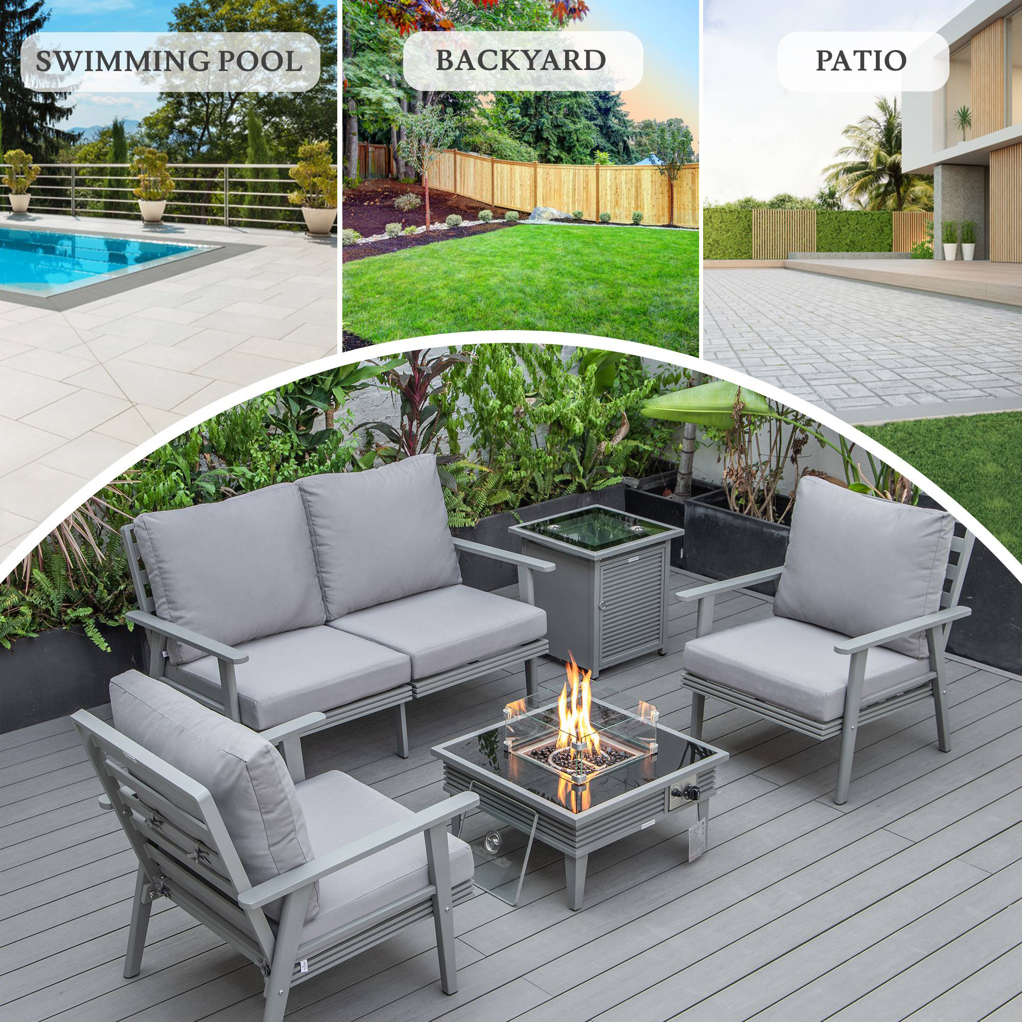 LeisureMod™ Walbrooke Modern Gray Patio Conversation With Square Fire Pit With Slats Design & Tank Holder - Gray