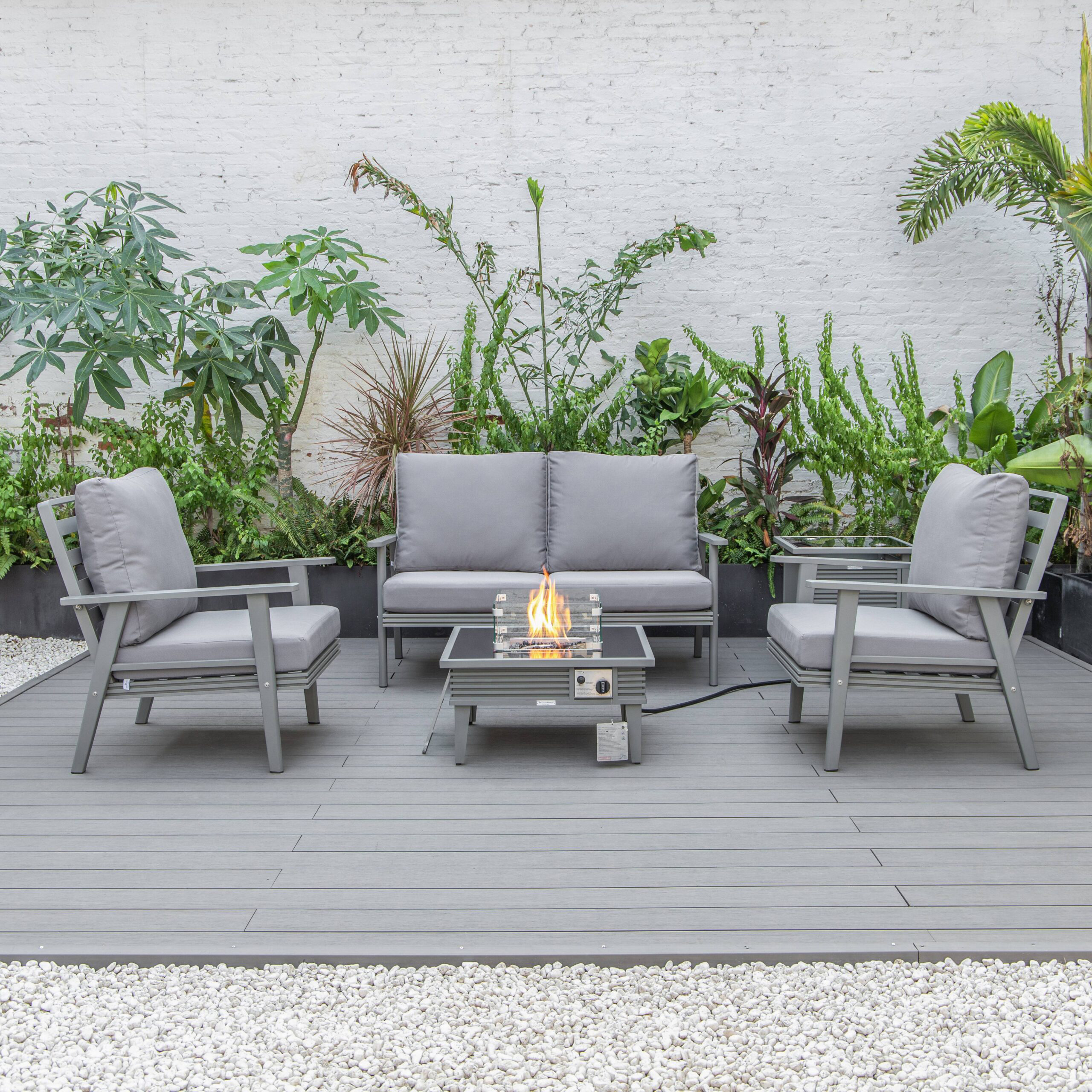 LeisureMod™ Walbrooke Modern Gray Patio Conversation With Square Fire Pit With Slats Design & Tank Holder - Gray