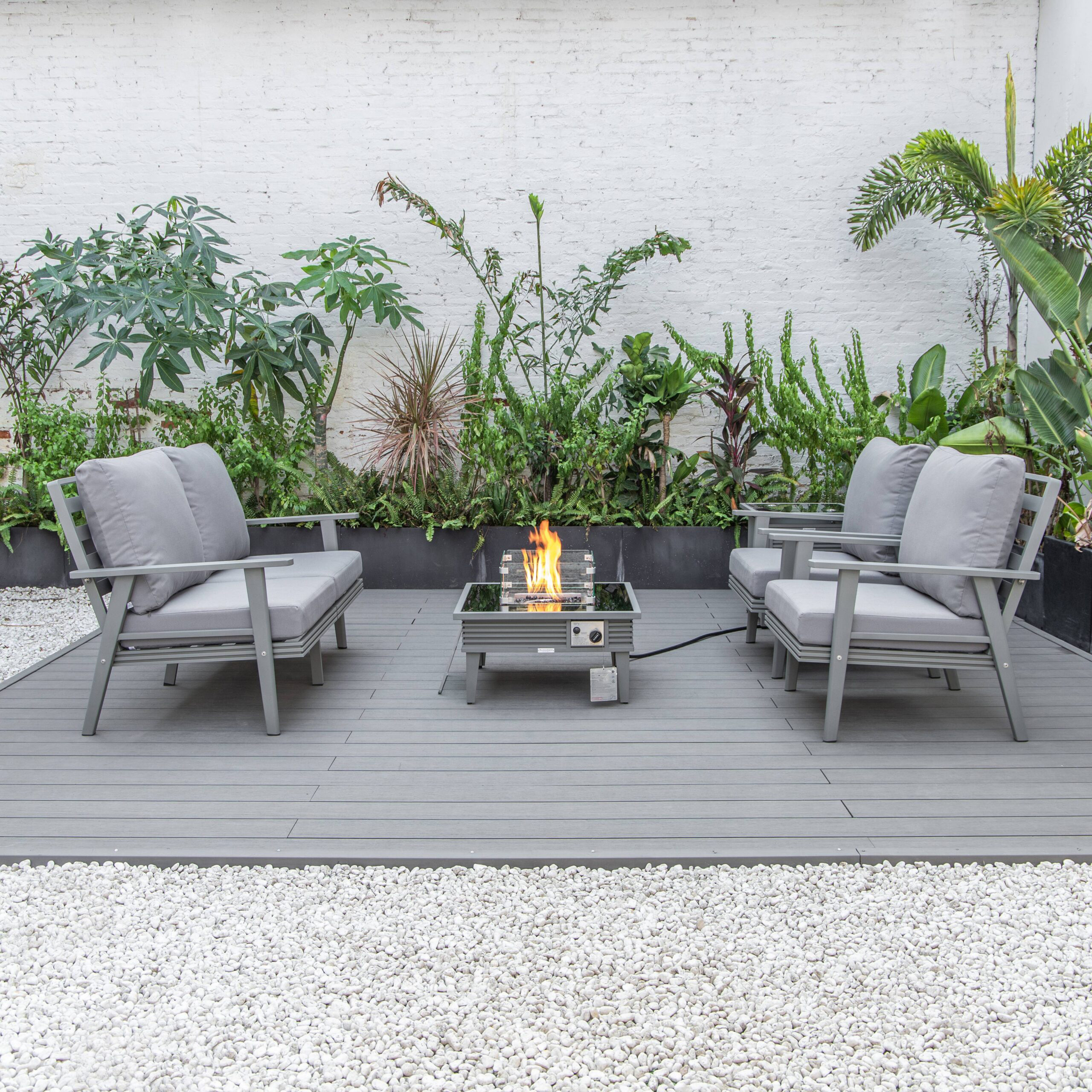 LeisureMod™ Walbrooke Modern Gray Patio Conversation With Square Fire Pit With Slats Design & Tank Holder - Gray