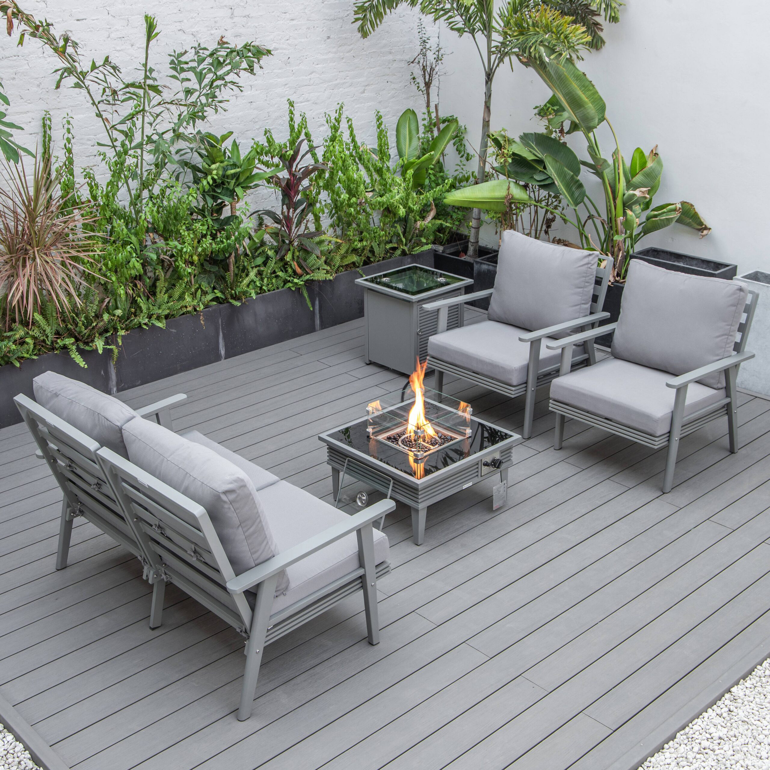 LeisureMod™ Walbrooke Modern Gray Patio Conversation With Square Fire Pit With Slats Design & Tank Holder - Gray