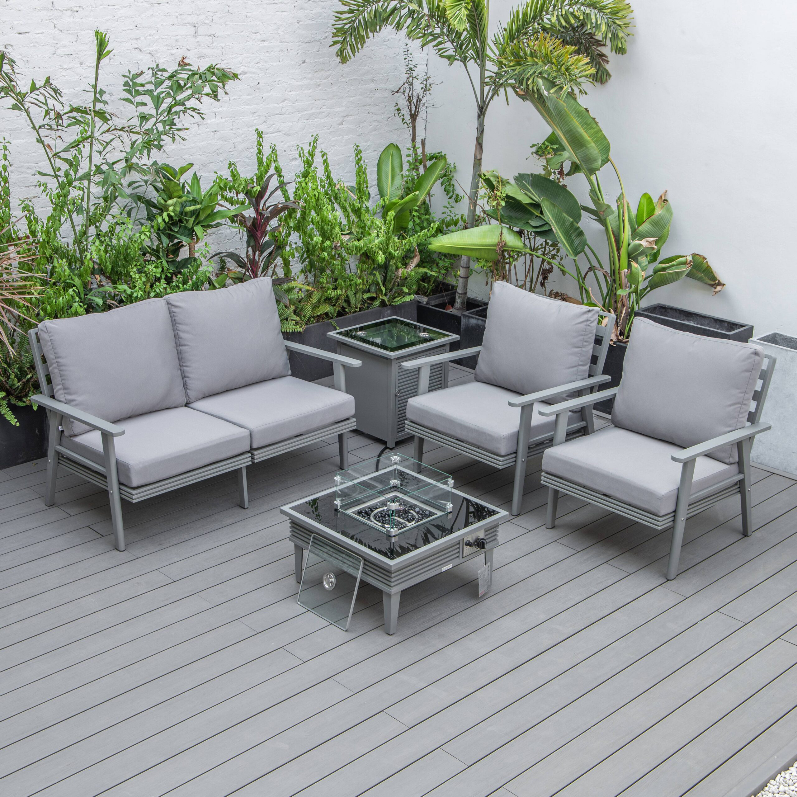 LeisureMod™ Walbrooke Modern Gray Patio Conversation With Square Fire Pit With Slats Design & Tank Holder - Gray