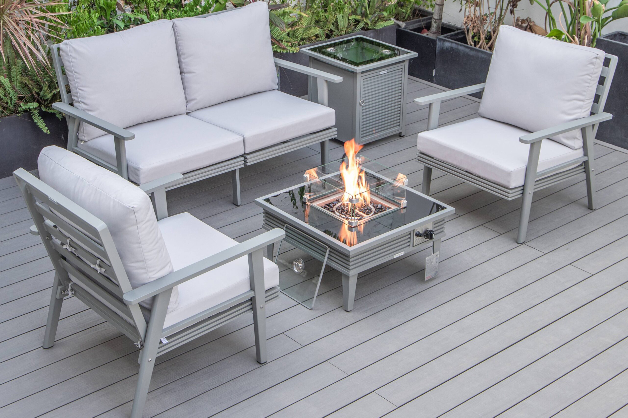 LeisureMod Walbrooke Modern Black Patio Conversation With Square Fire Pit With Slats Design & Tank Holder