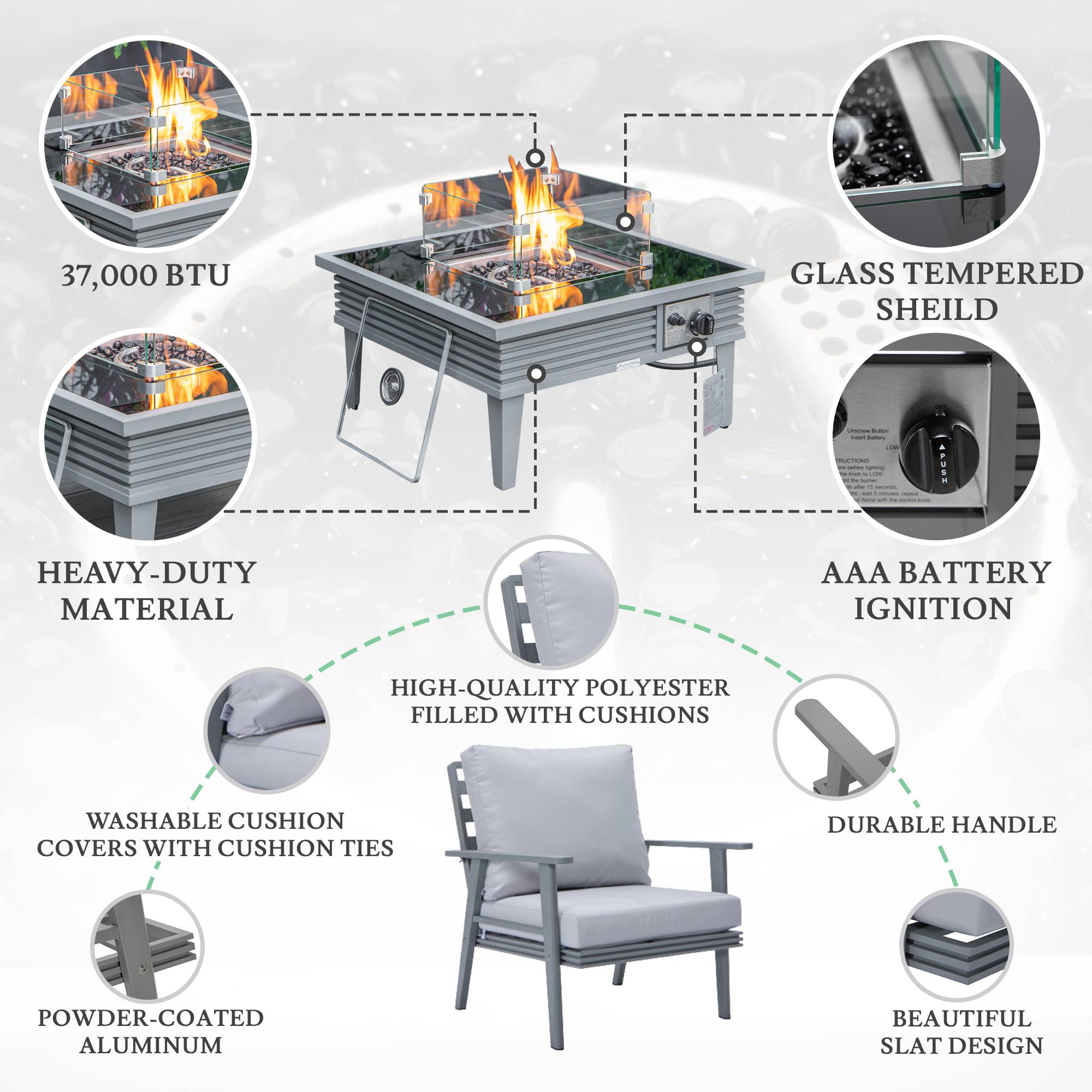 LeisureMod Walbrooke Modern Gray Patio Conversation With Square Fire Pit With Slats Design & Tank Holder - Light Gray