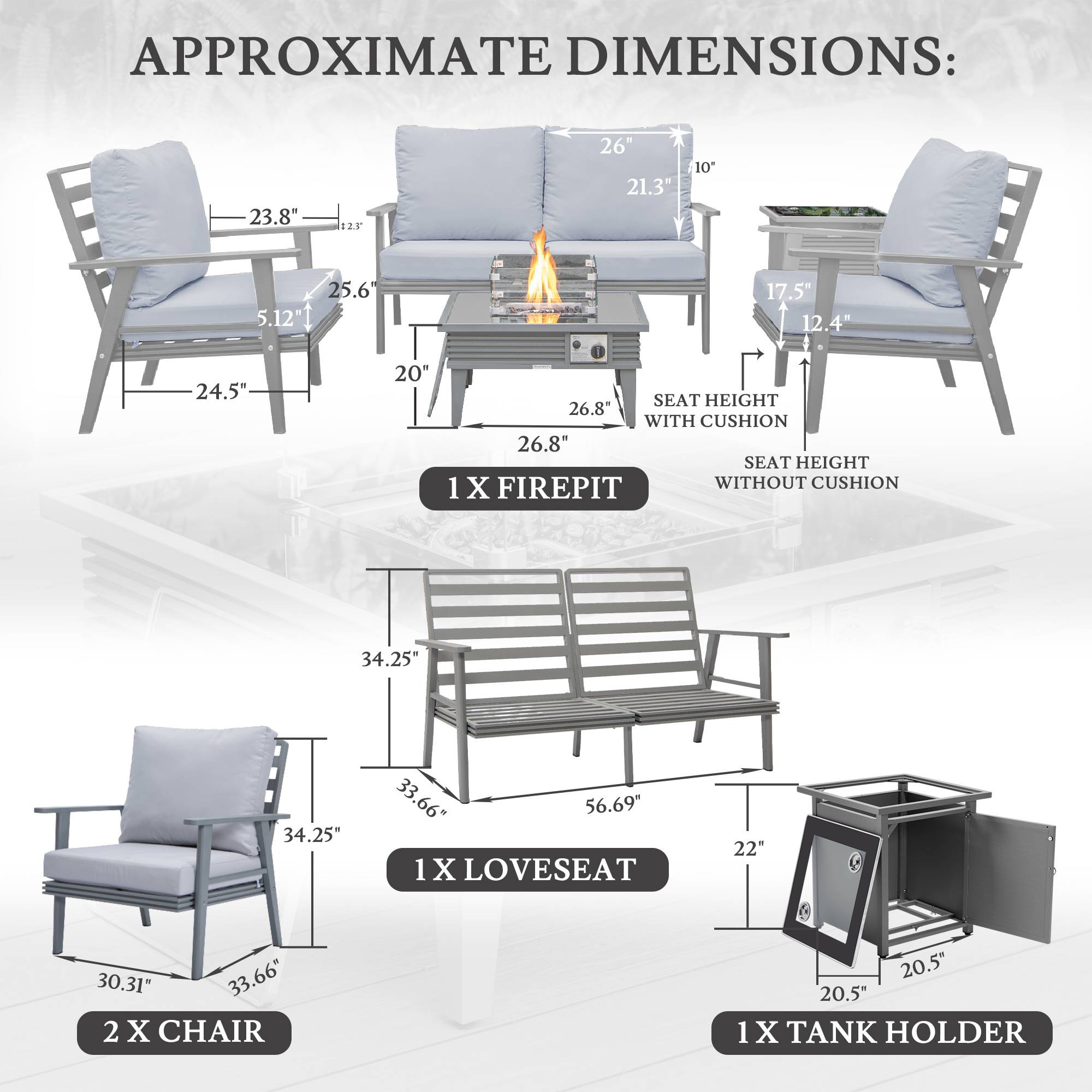 LeisureMod Walbrooke Modern Gray Patio Conversation With Square Fire Pit With Slats Design & Tank Holder - Light Gray