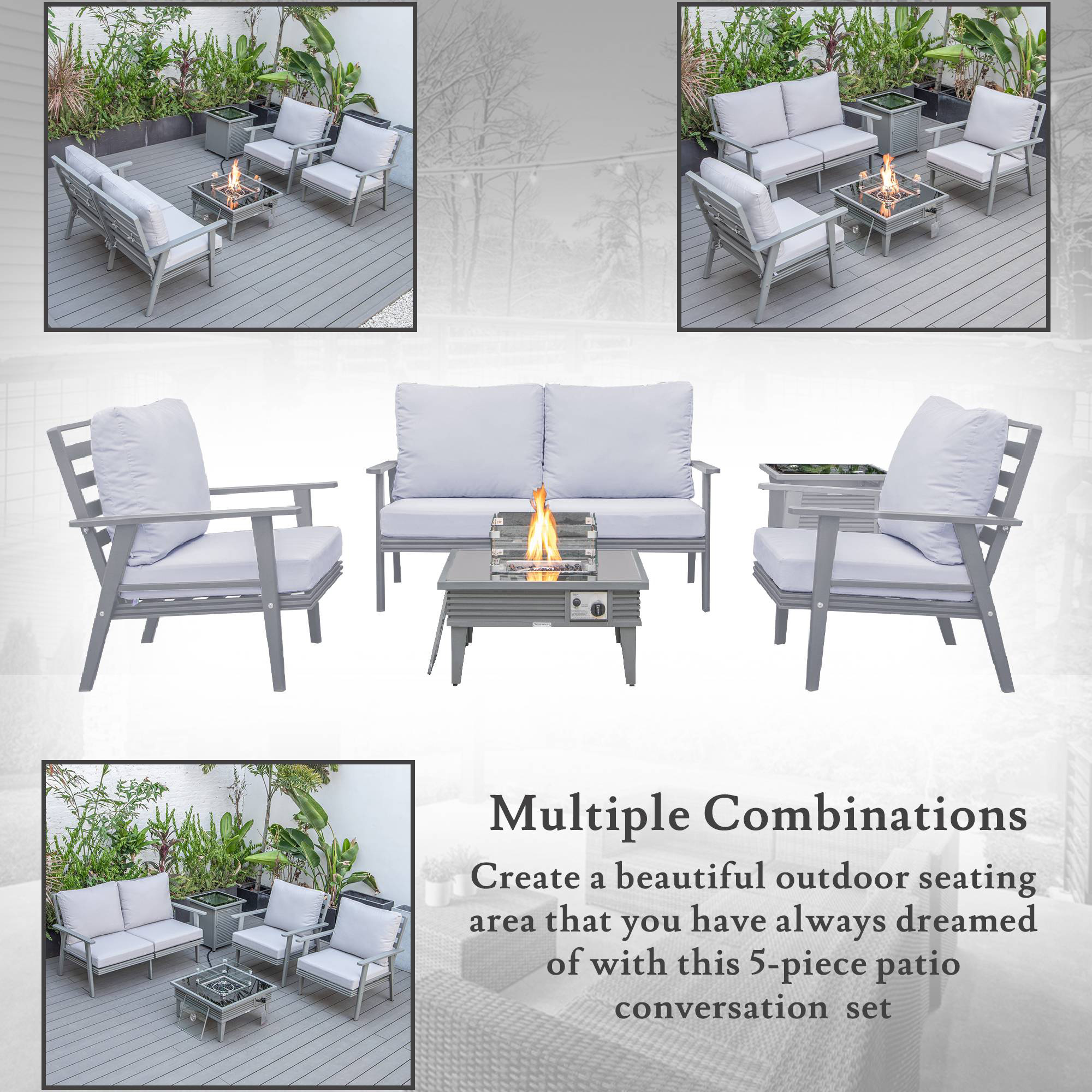 LeisureMod Walbrooke Modern Gray Patio Conversation With Square Fire Pit With Slats Design & Tank Holder - Light Gray