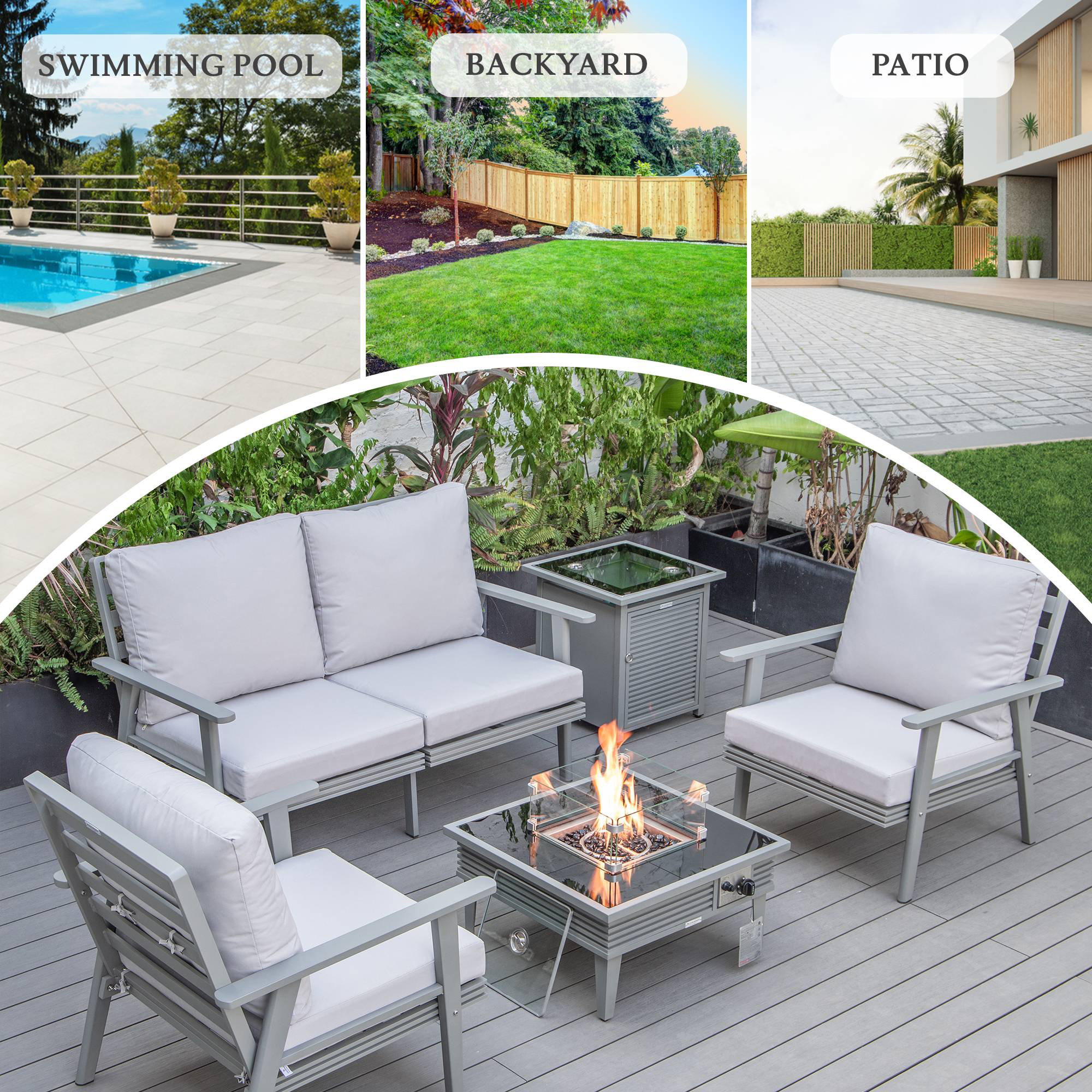 LeisureMod Walbrooke Modern Gray Patio Conversation With Square Fire Pit With Slats Design & Tank Holder - Light Gray