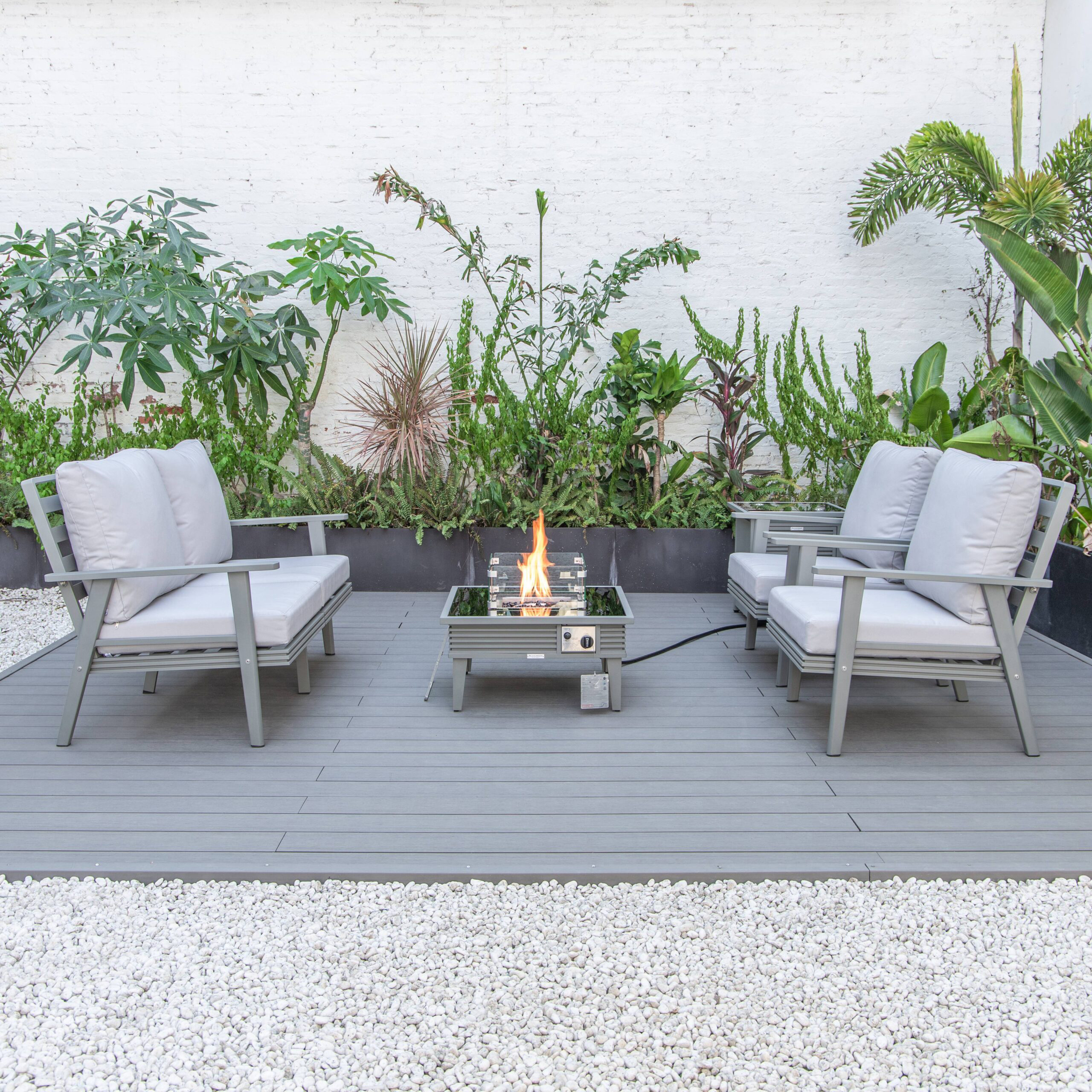 LeisureMod Walbrooke Modern Gray Patio Conversation With Square Fire Pit With Slats Design & Tank Holder - Light Gray