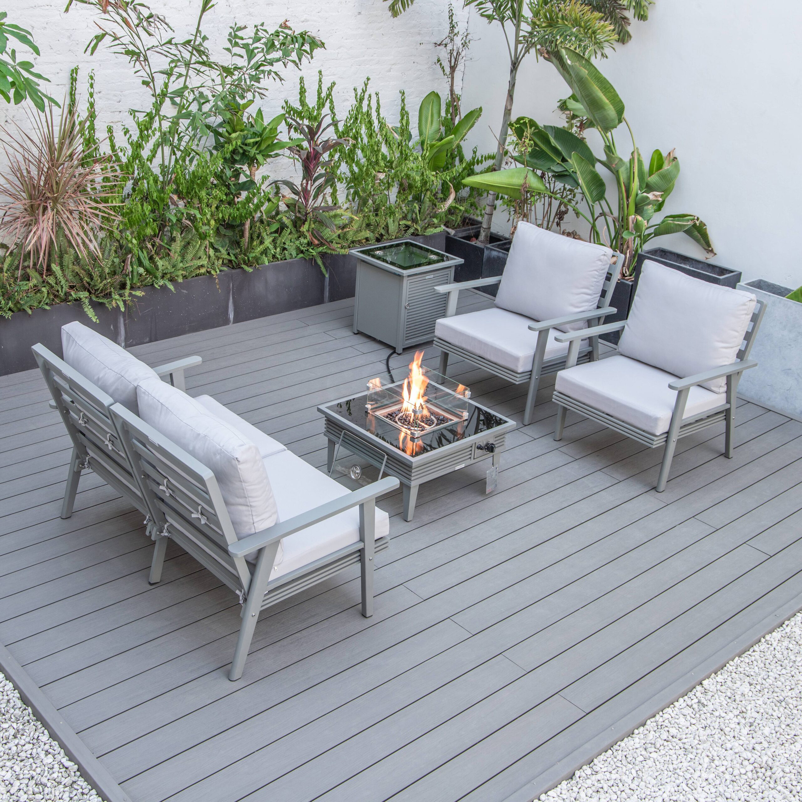 LeisureMod Walbrooke Modern Gray Patio Conversation With Square Fire Pit With Slats Design & Tank Holder - Light Gray