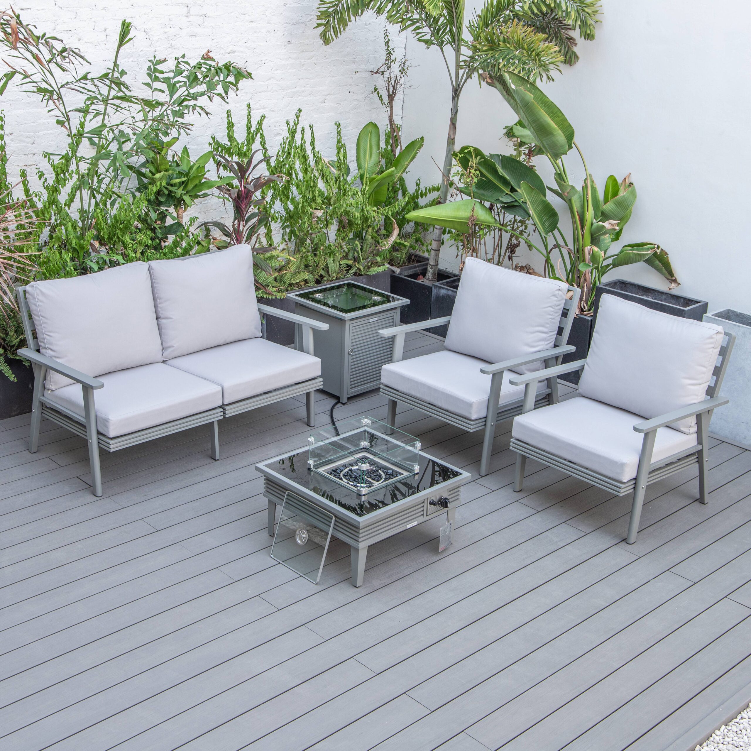 LeisureMod Walbrooke Modern Gray Patio Conversation With Square Fire Pit With Slats Design & Tank Holder - Light Gray