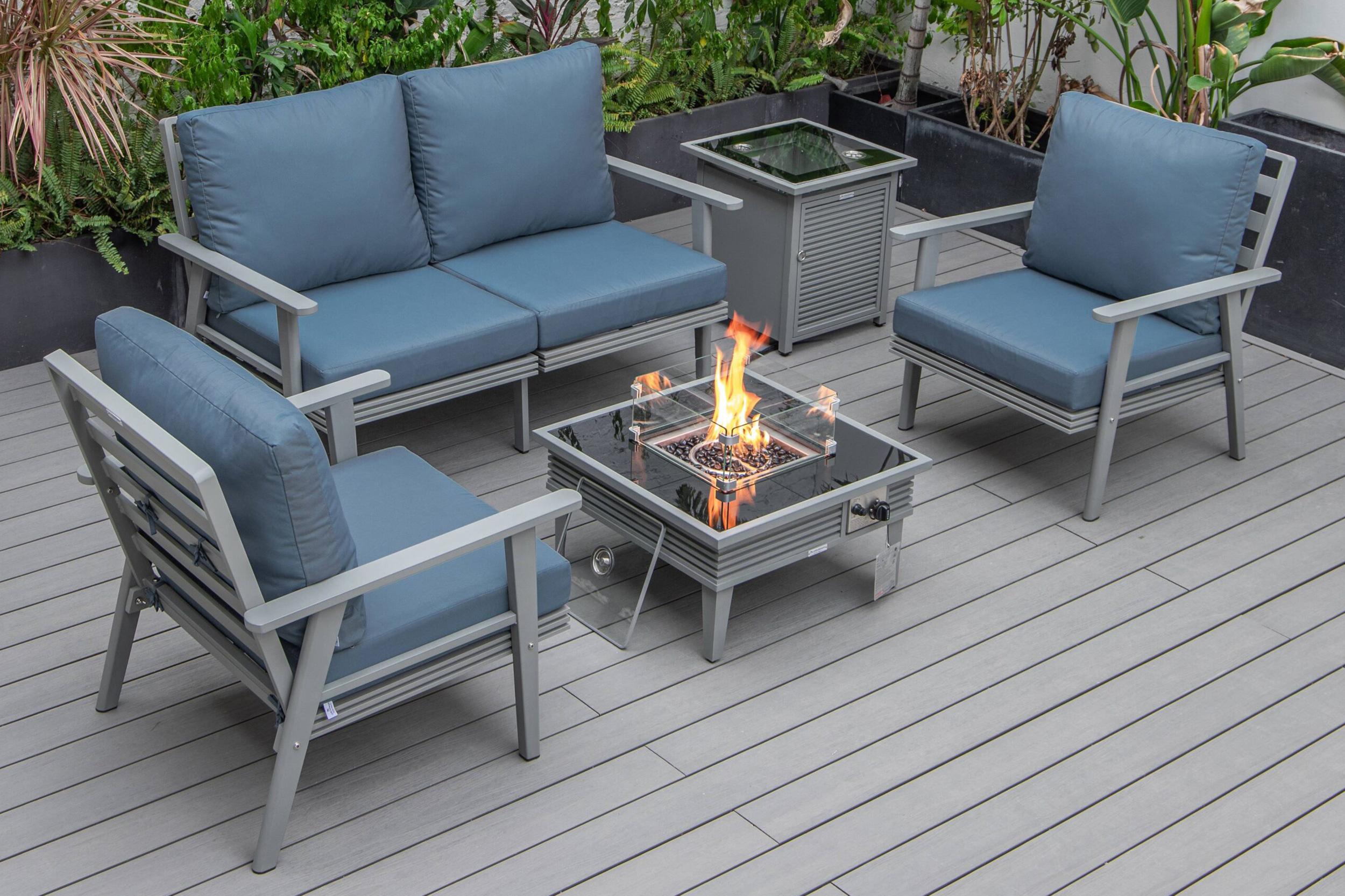 LeisureMod Walbrooke Modern Black Patio Conversation With Square Fire Pit With Slats Design & Tank Holder