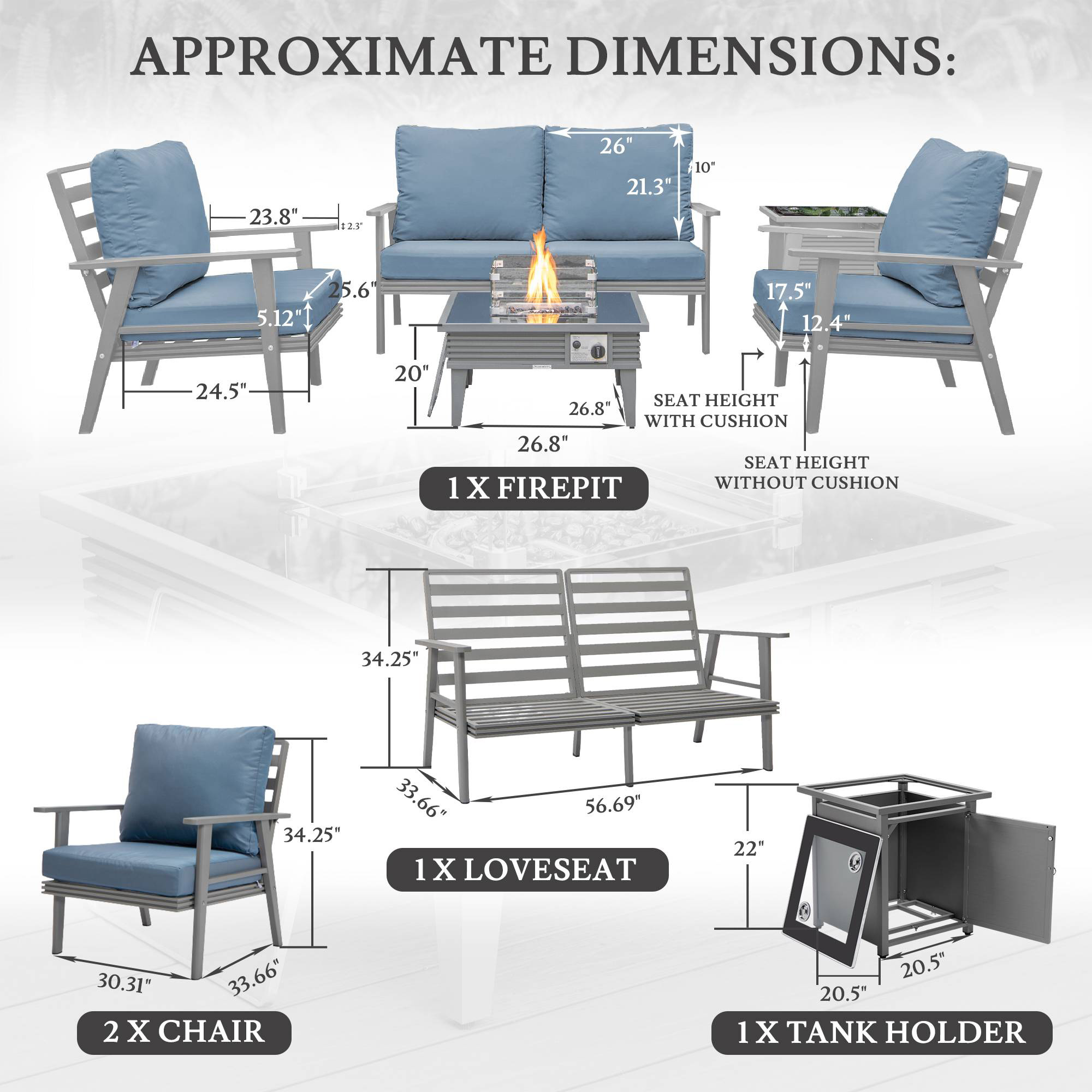 LeisureMod Walbrooke Modern Gray Patio Conversation With Square Fire Pit With Slats Design & Tank Holder - Navy Blue