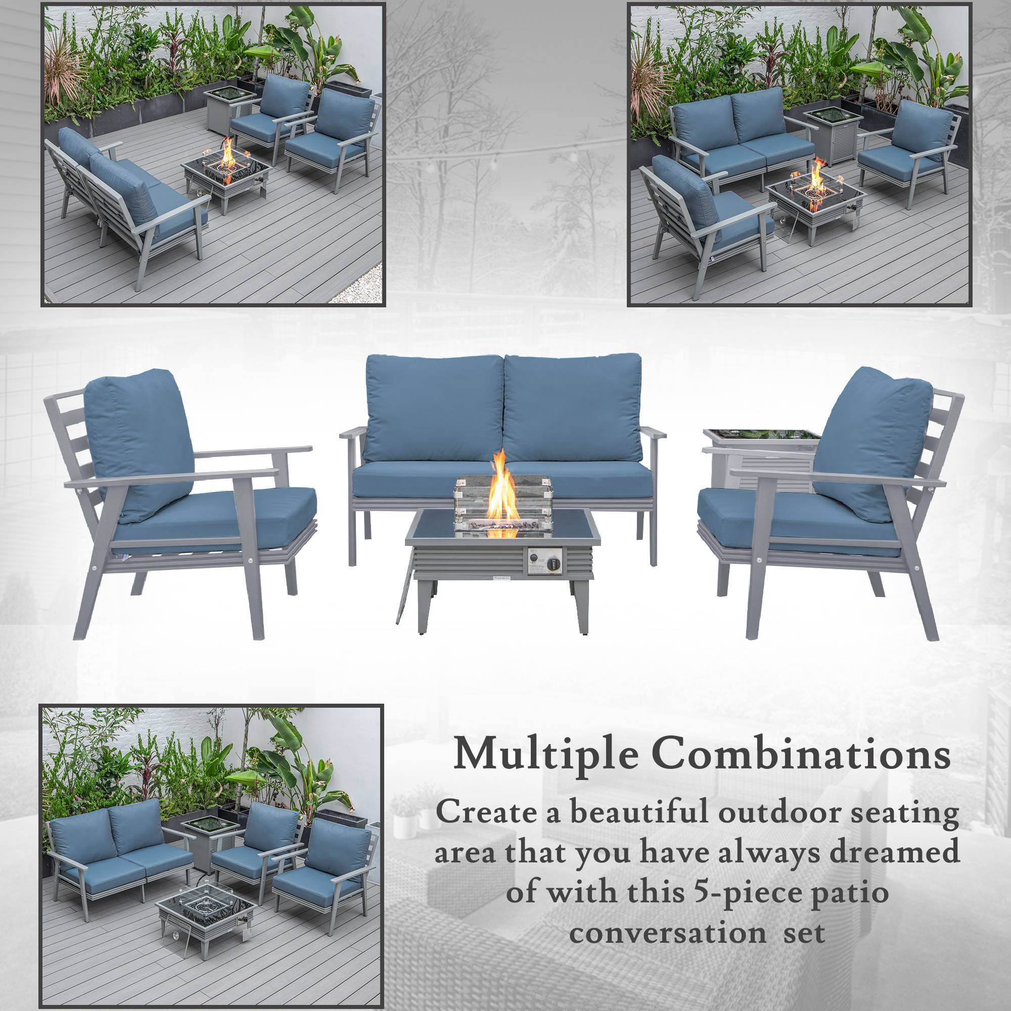 LeisureMod Walbrooke Modern Gray Patio Conversation With Square Fire Pit With Slats Design & Tank Holder - Navy Blue