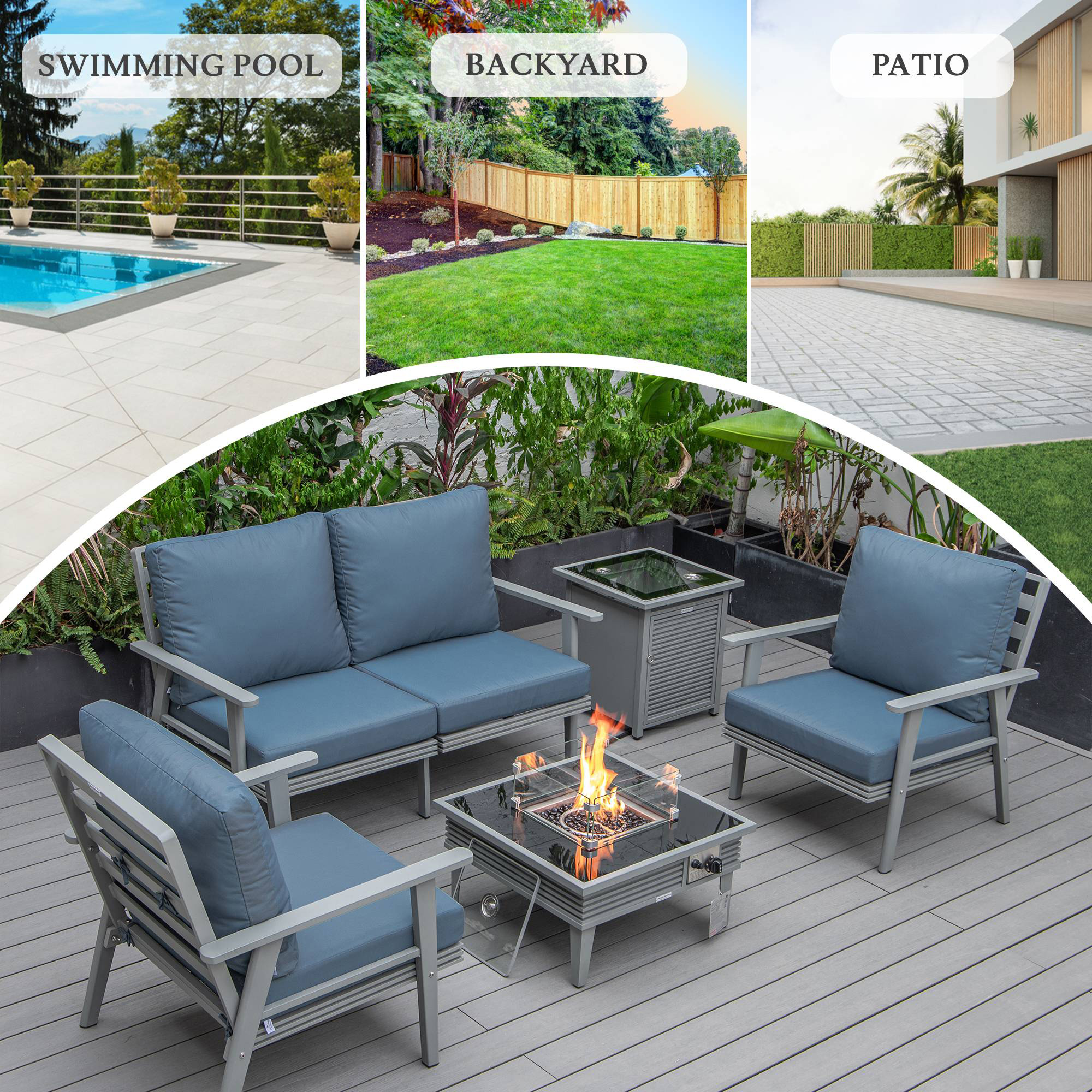 LeisureMod Walbrooke Modern Gray Patio Conversation With Square Fire Pit With Slats Design & Tank Holder - Navy Blue