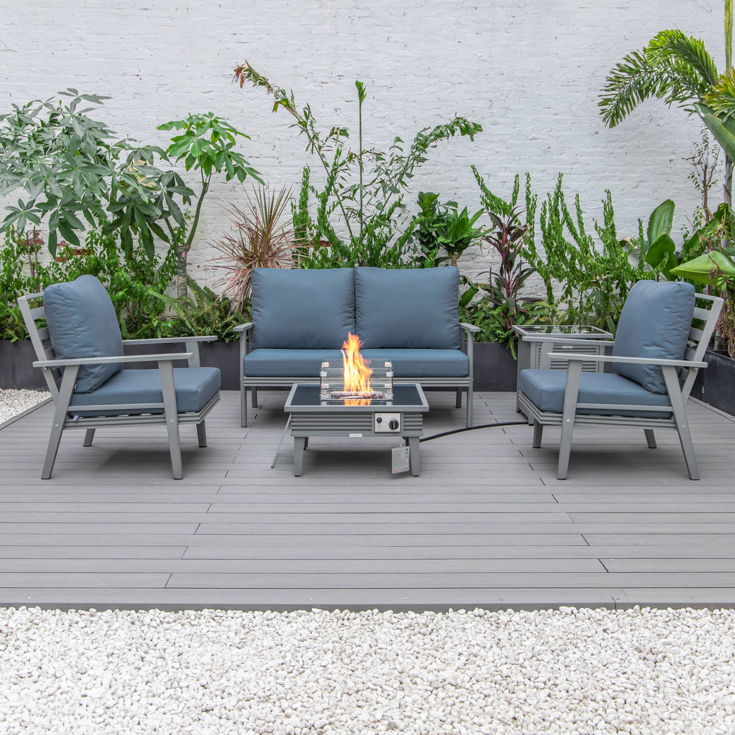 LeisureMod Walbrooke Modern Gray Patio Conversation With Square Fire Pit With Slats Design & Tank Holder - Navy Blue