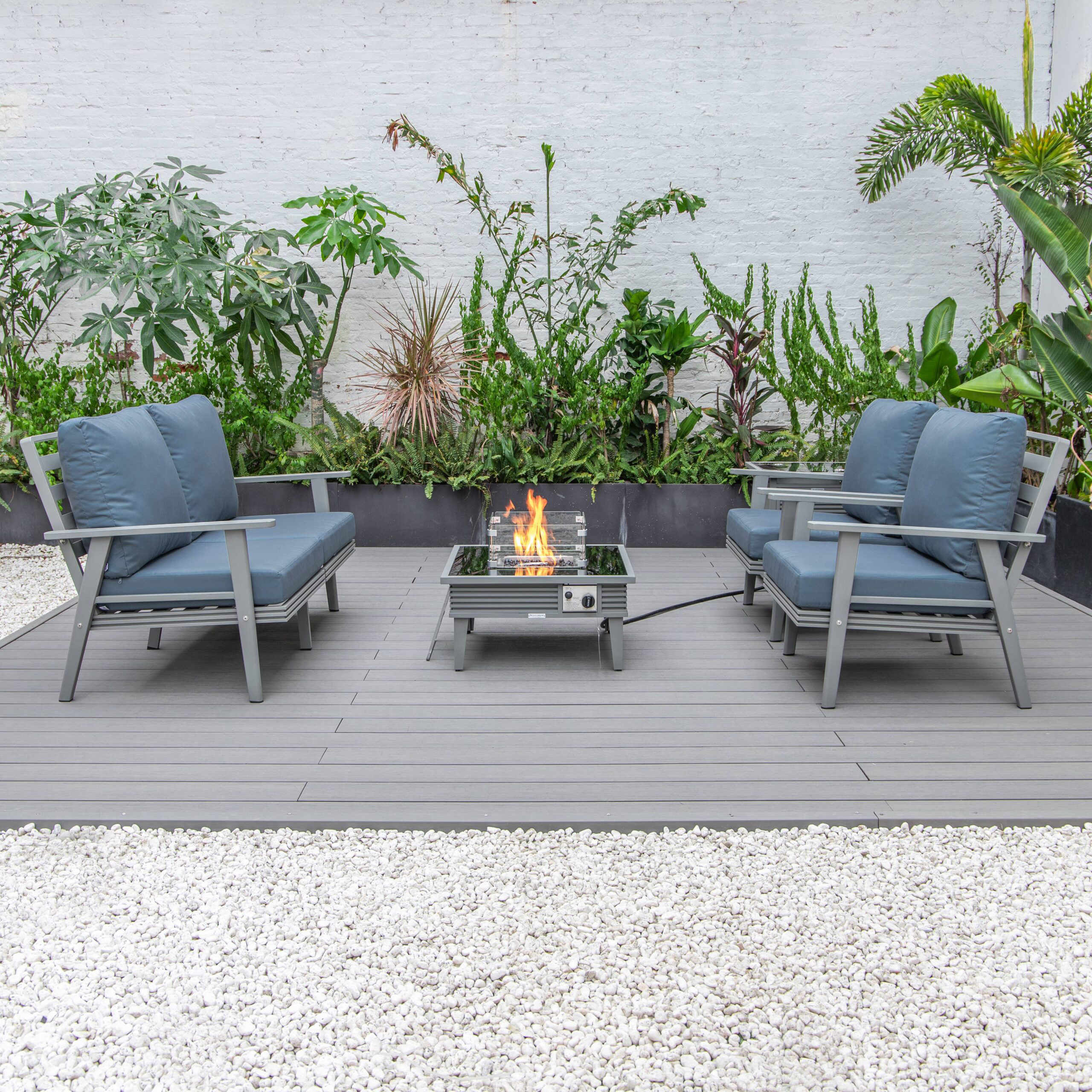 LeisureMod Walbrooke Modern Gray Patio Conversation With Square Fire Pit With Slats Design & Tank Holder - Navy Blue