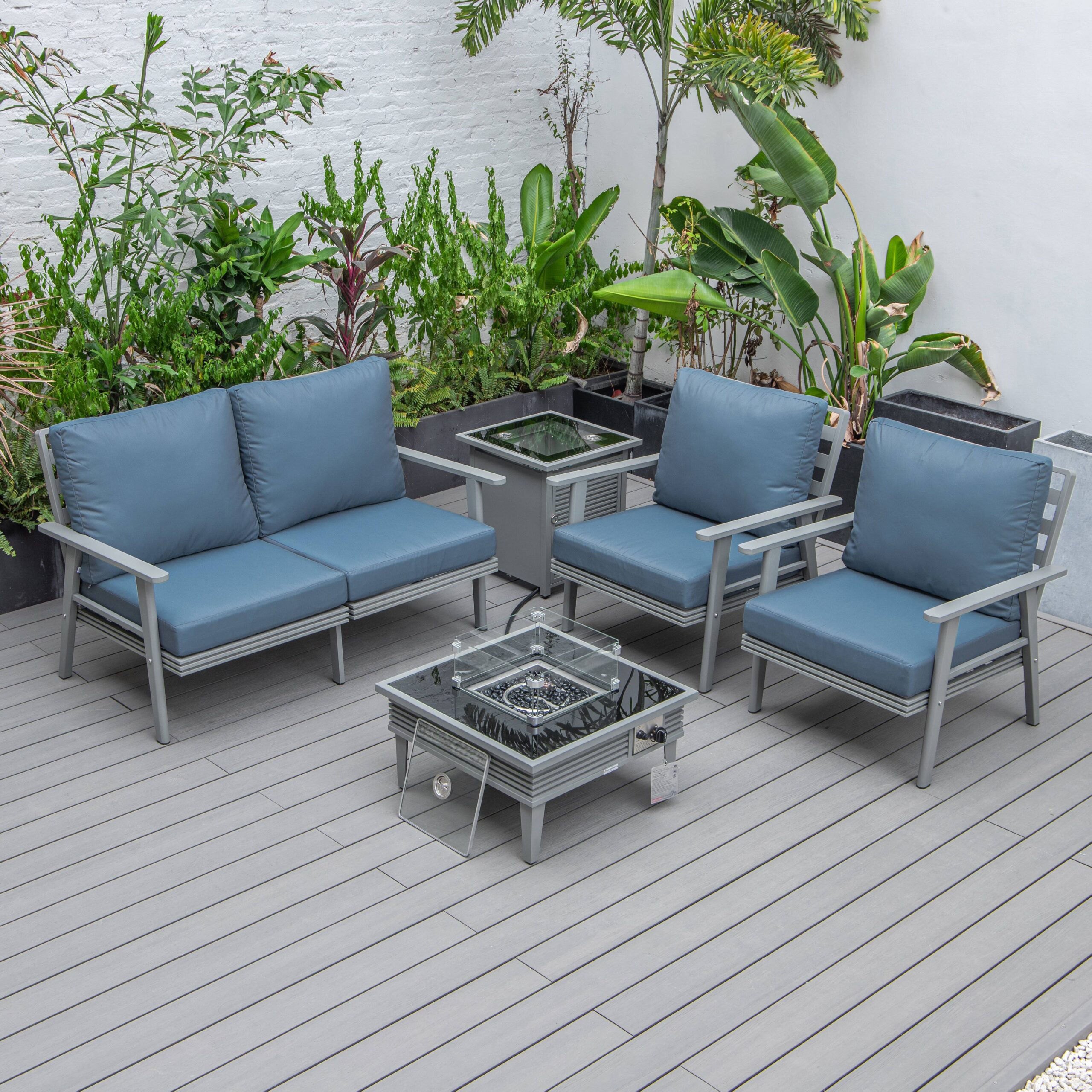 LeisureMod Walbrooke Modern Gray Patio Conversation With Square Fire Pit With Slats Design & Tank Holder - Navy Blue