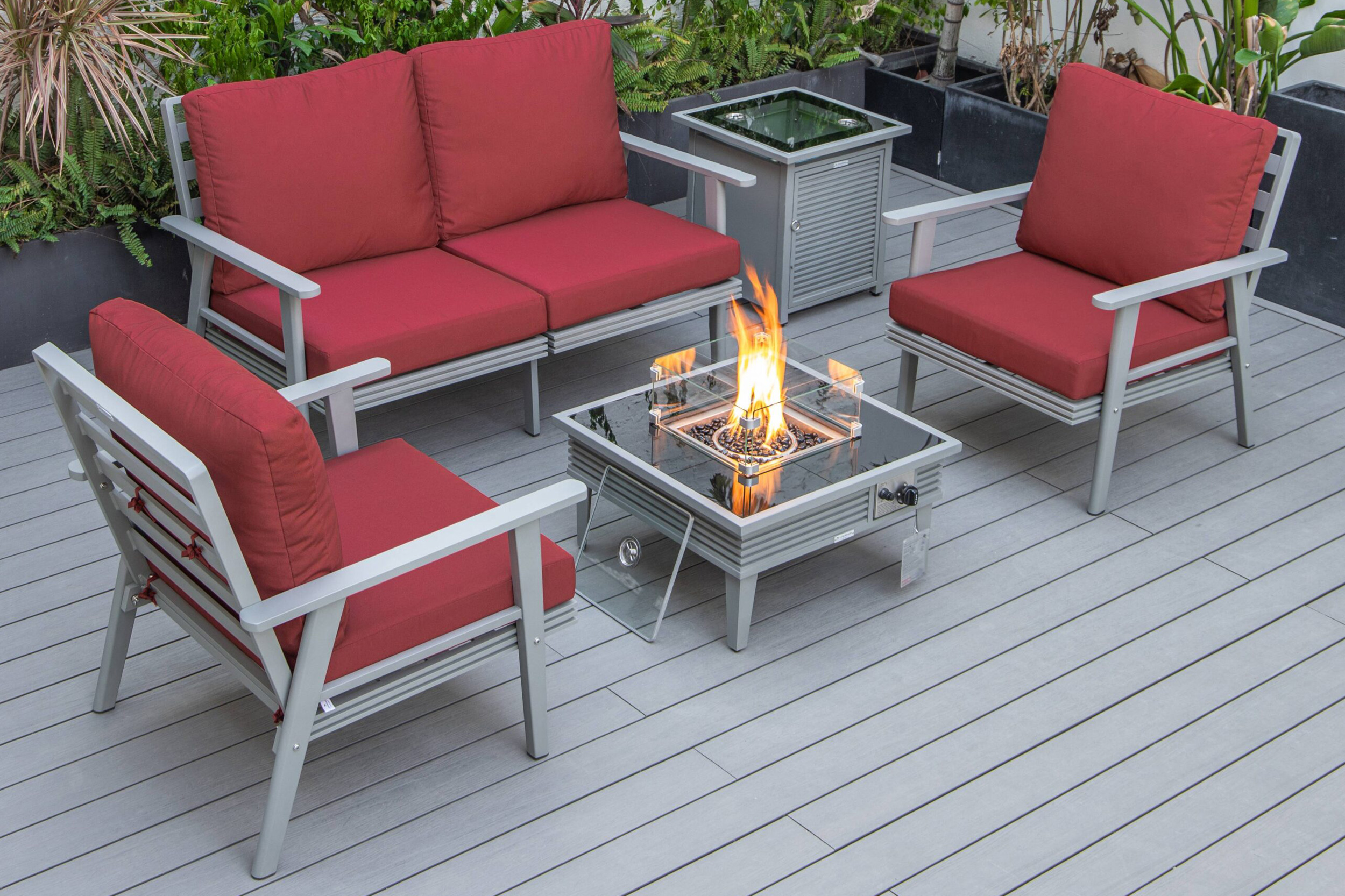 LeisureMod Walbrooke Modern Black Patio Conversation With Square Fire Pit With Slats Design & Tank Holder