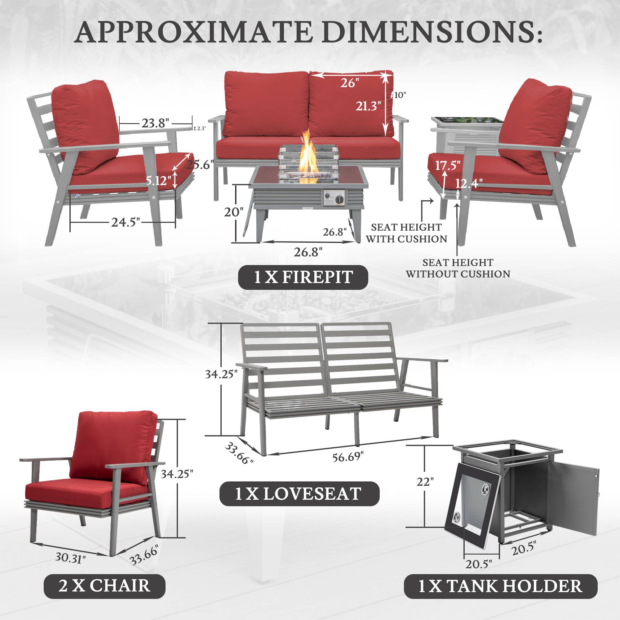 LeisureMod Walbrooke Modern Gray Patio Conversation With Square Fire Pit With Slats Design & Tank Holder - Red