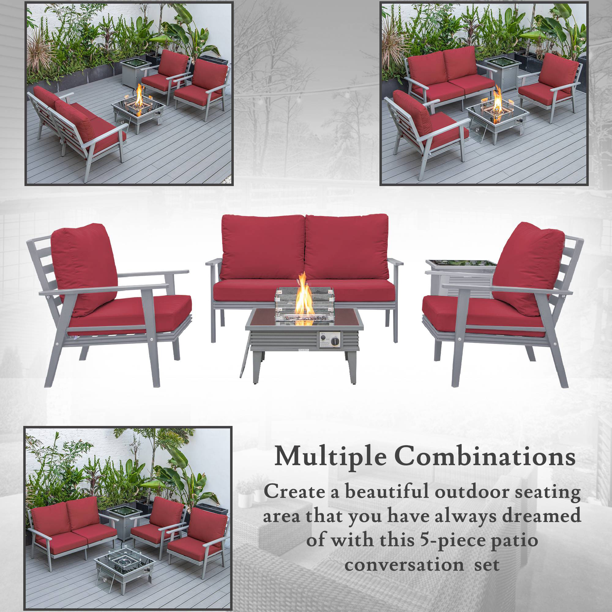 LeisureMod Walbrooke Modern Gray Patio Conversation With Square Fire Pit With Slats Design & Tank Holder - Red