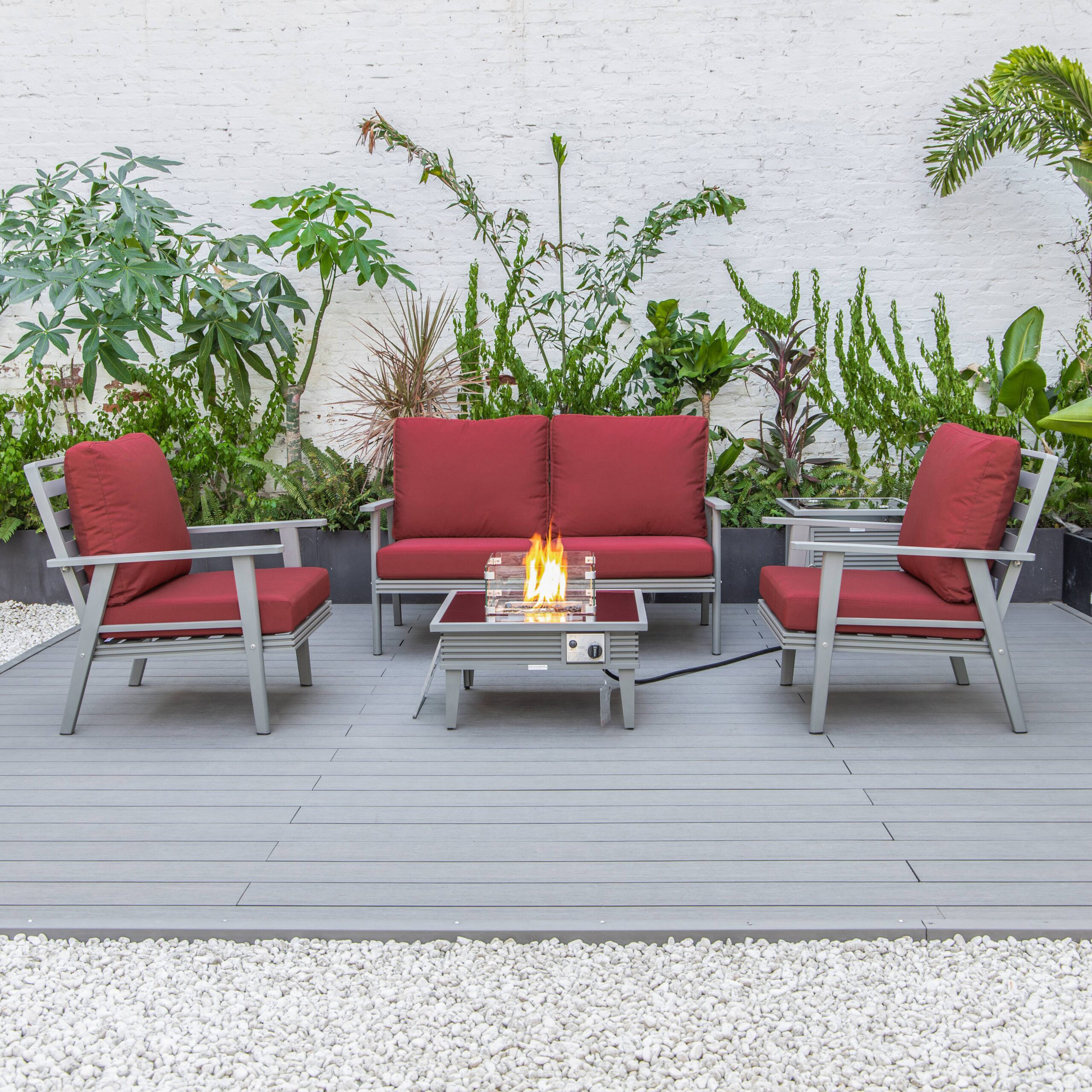 LeisureMod Walbrooke Modern Gray Patio Conversation With Square Fire Pit With Slats Design & Tank Holder - Red