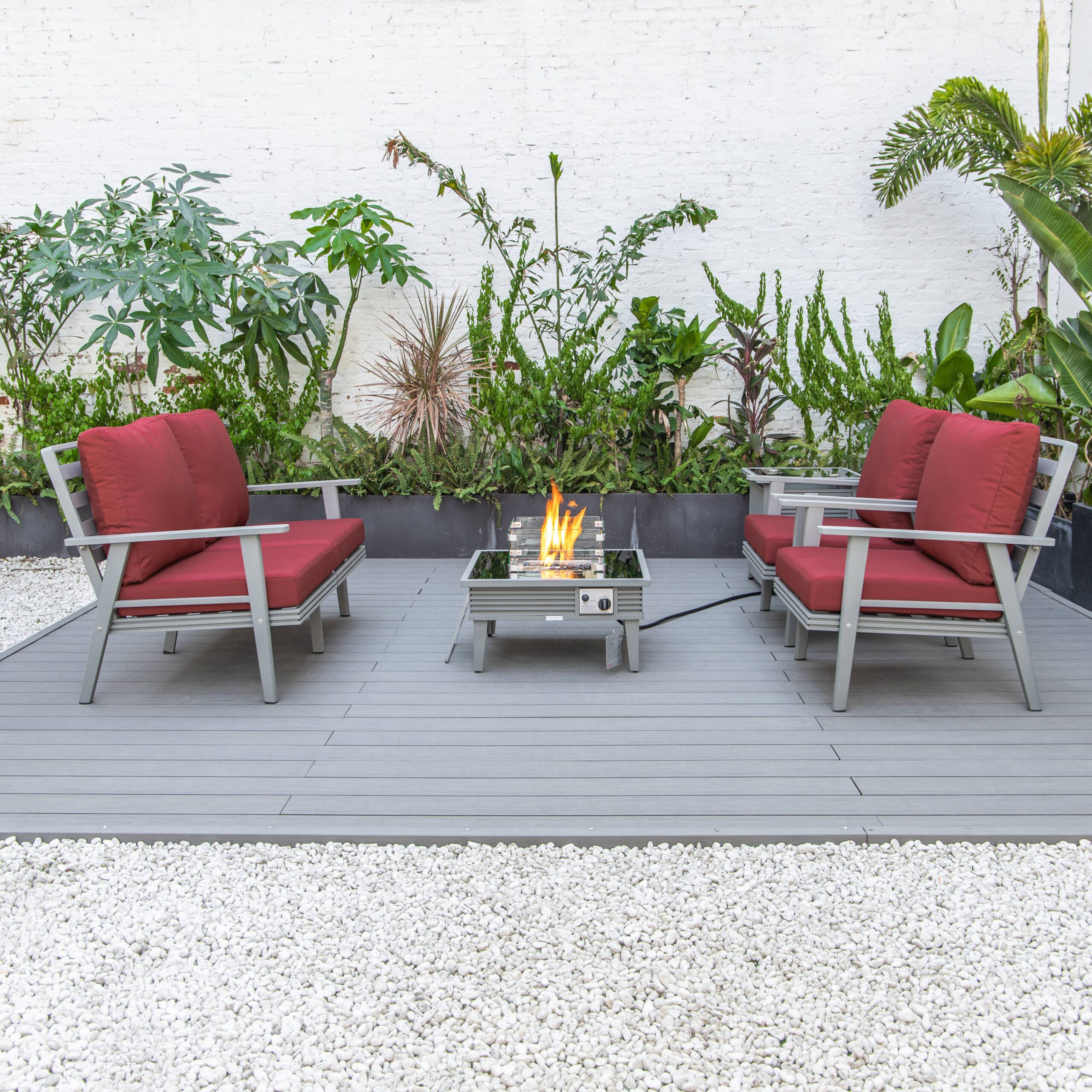 LeisureMod Walbrooke Modern Gray Patio Conversation With Square Fire Pit With Slats Design & Tank Holder - Red