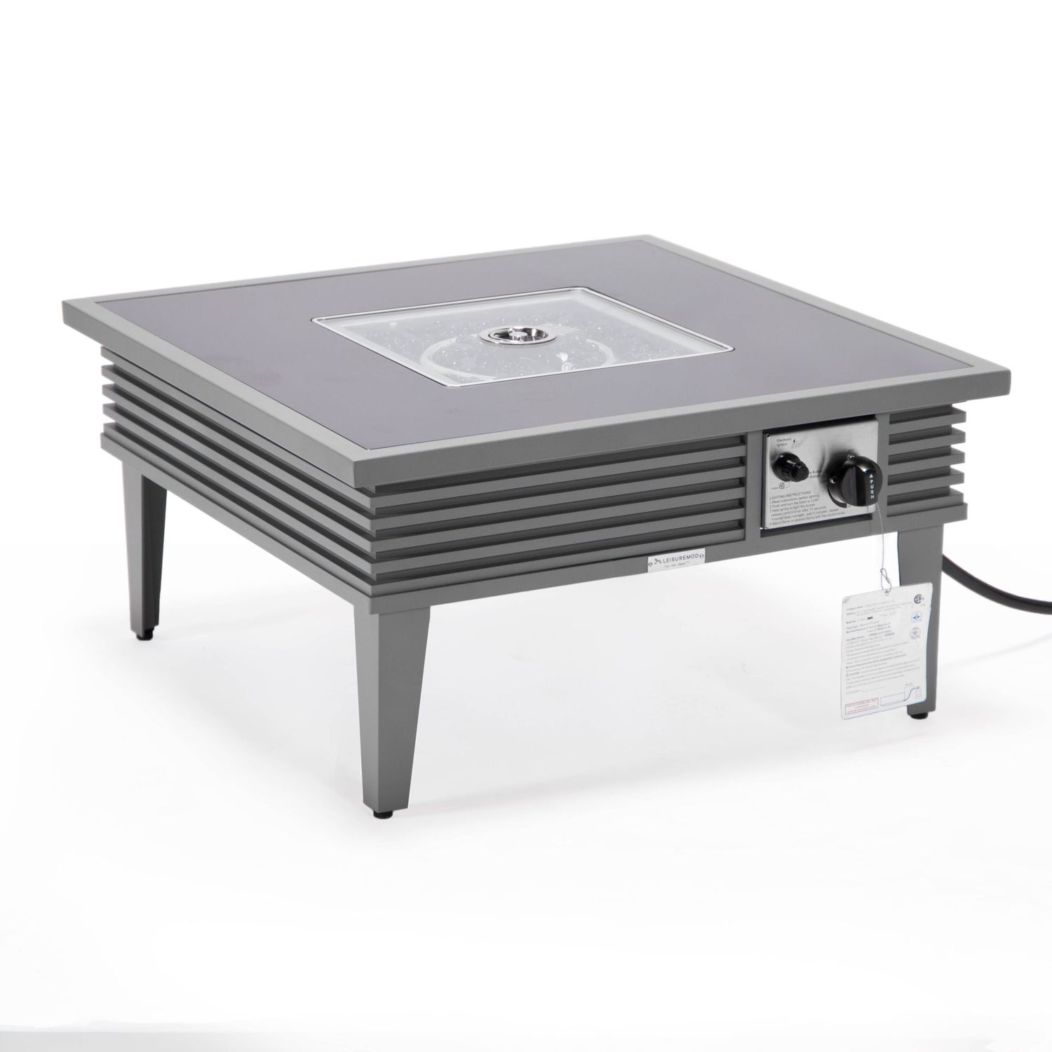 LeisureMod Walbrooke Modern Outdoor Square Fire Pit Table with Powder-Coated Aluminum Frame and Slats Design - Gray