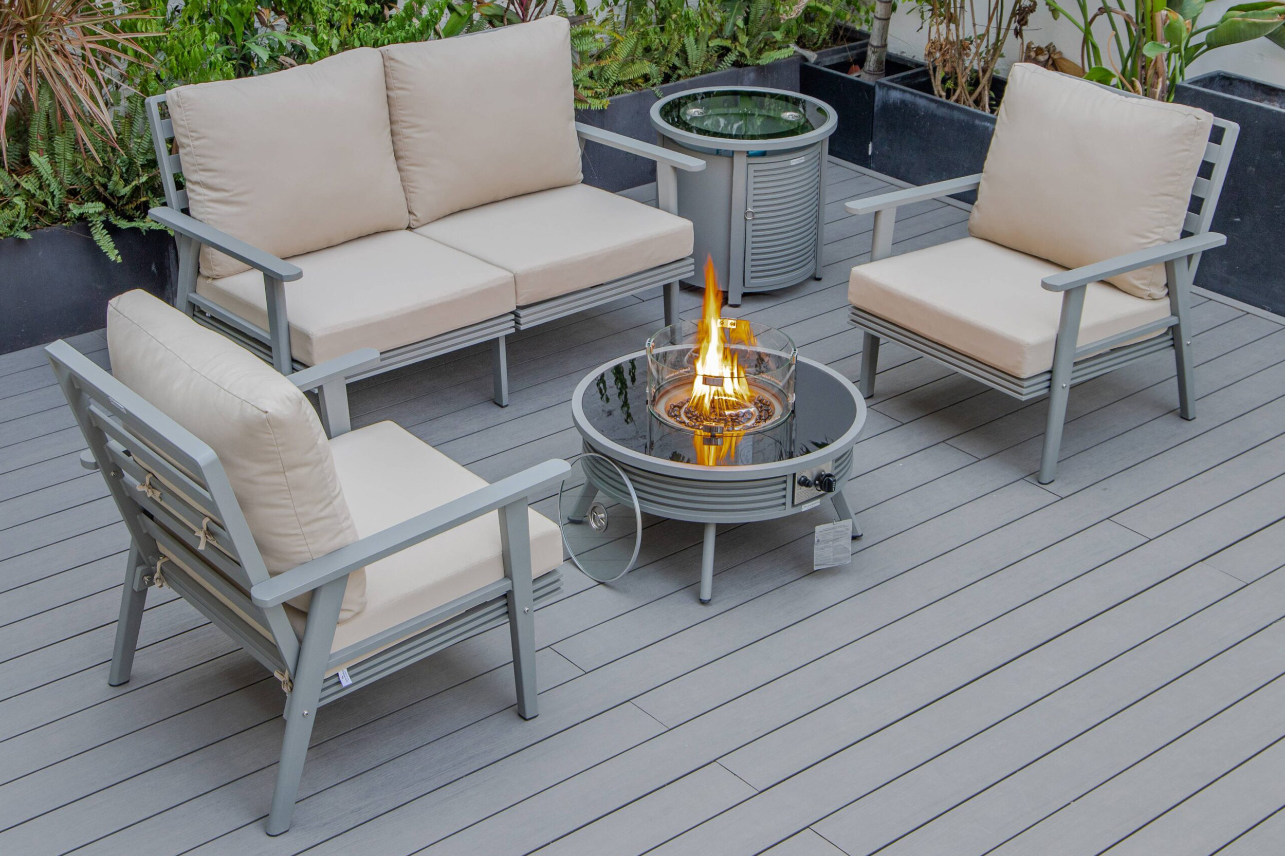 LeisureMod Walbrooke Modern Black Patio Conversation With Round Fire Pit With Slats Design & Tank Holder