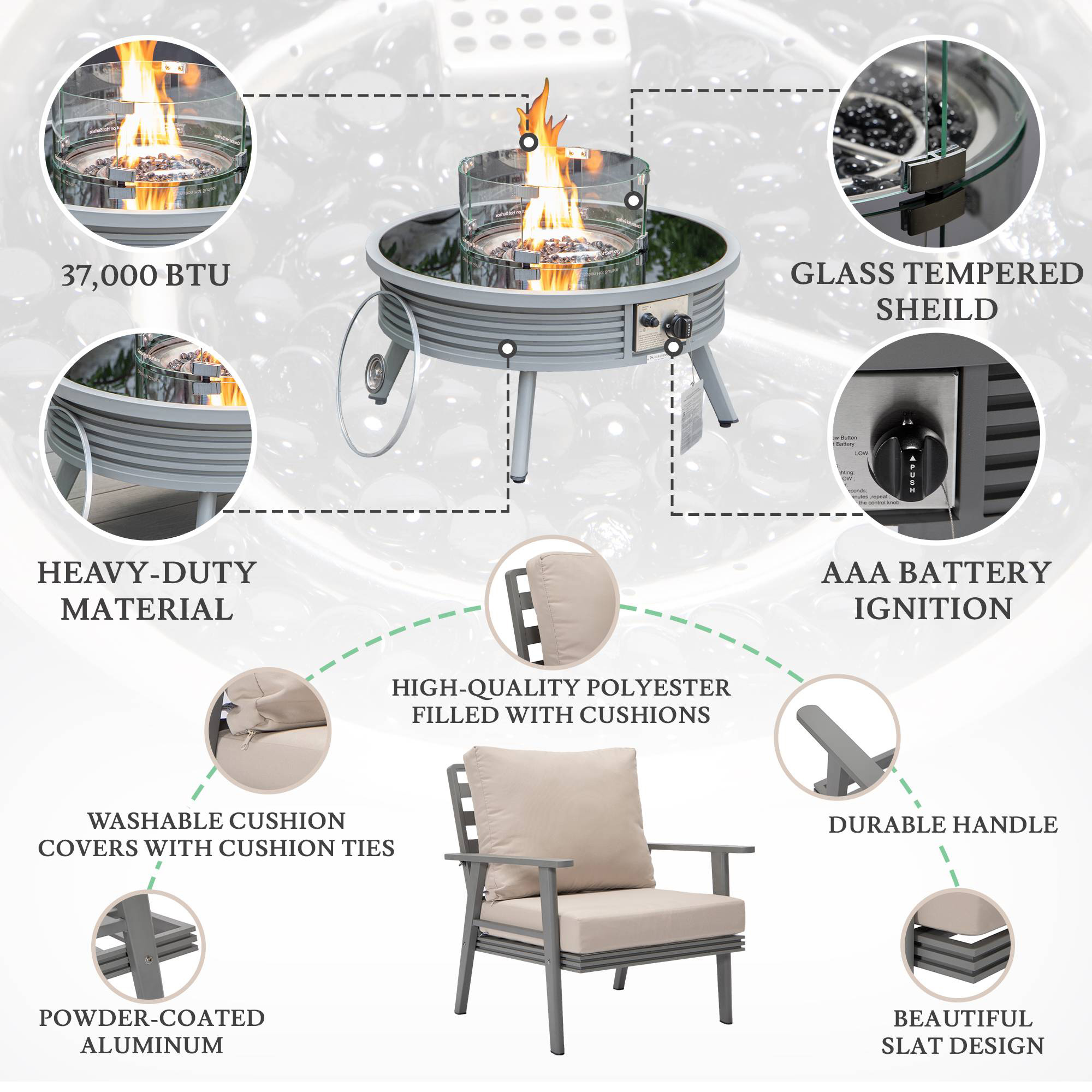 LeisureMod Walbrooke Modern Gray Patio Conversation With Round Fire Pit With Slats Design & Tank Holder - Beige