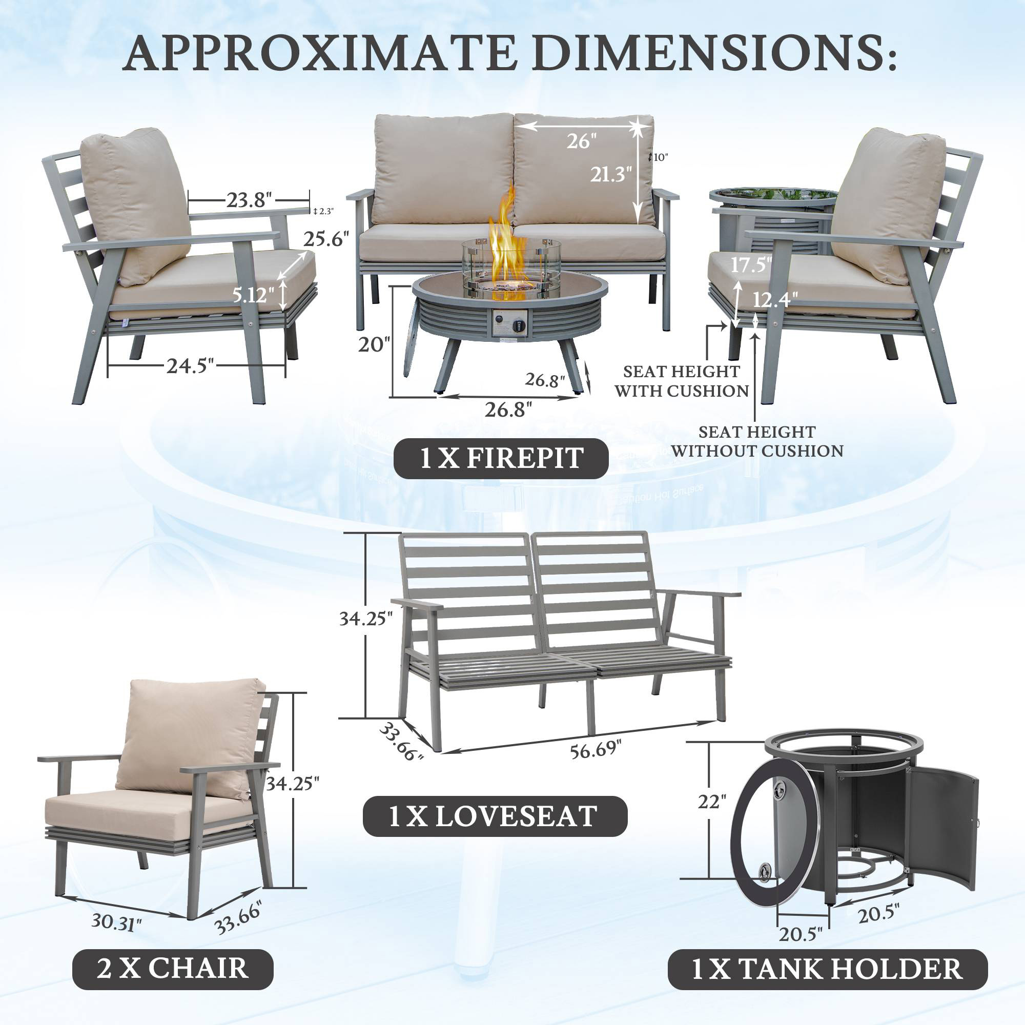 LeisureMod Walbrooke Modern Gray Patio Conversation With Round Fire Pit With Slats Design & Tank Holder - Beige