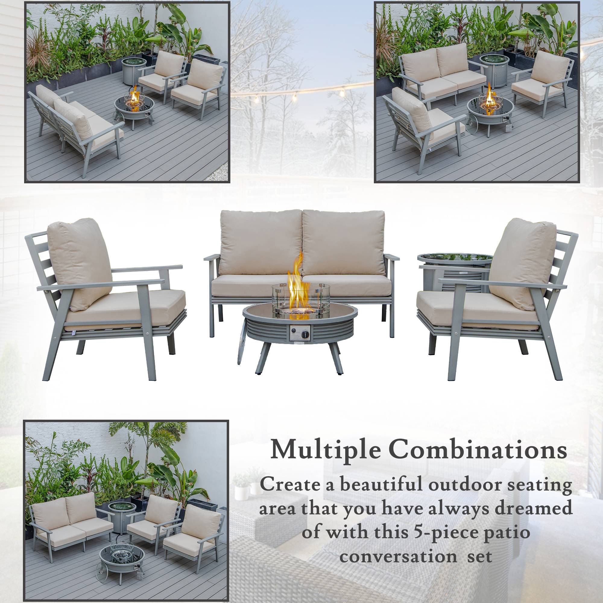 LeisureMod Walbrooke Modern Gray Patio Conversation With Round Fire Pit With Slats Design & Tank Holder - Beige